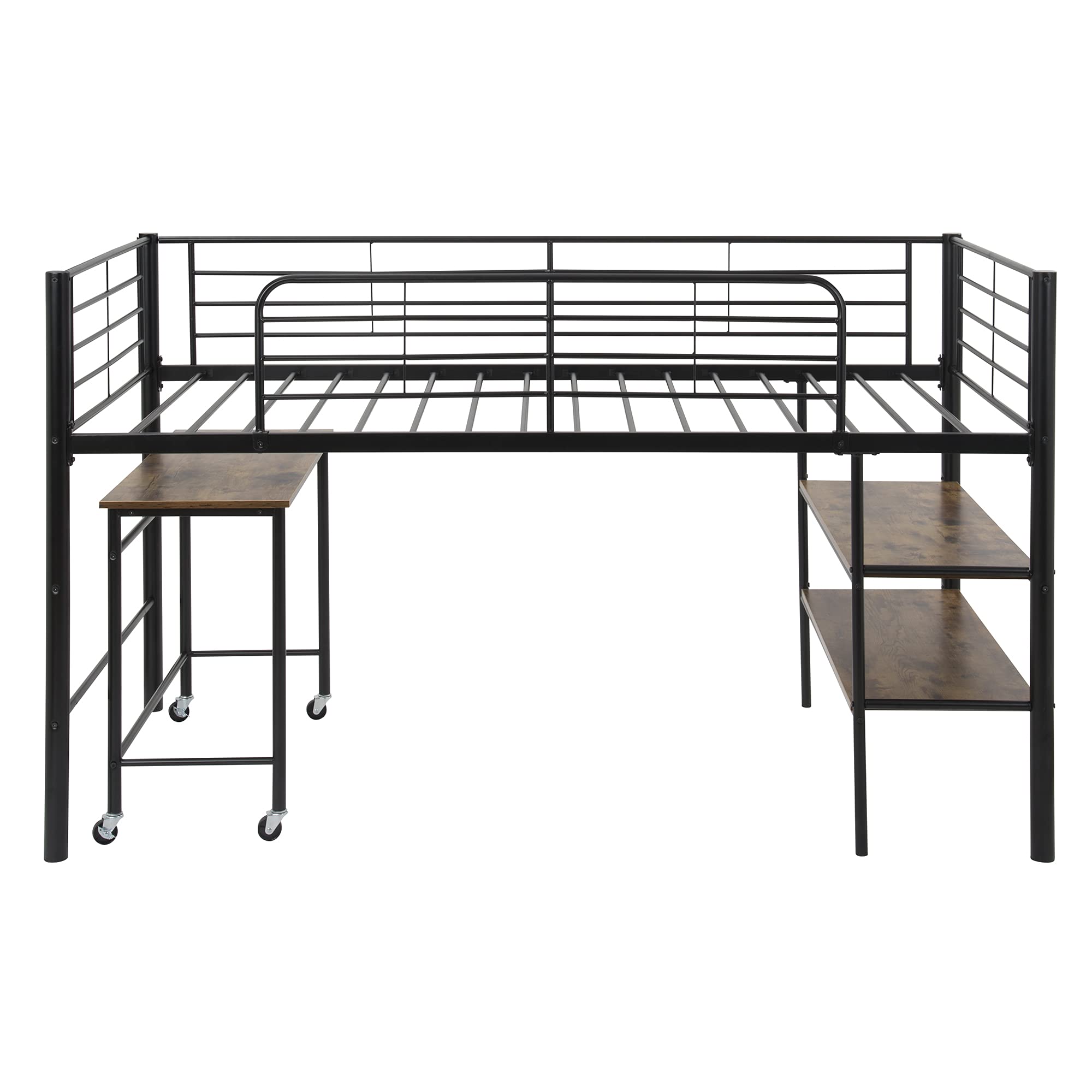 Knocbel Twin Loft Bed with Mobile Desk & Storage Shelves - Sturdy Metal Platform Bed Frame with Guardrails, Ladder & 16 Slats - Supports 200lbs - Space-Saving Solution for Kids, Teens & Small Bedrooms (Black)