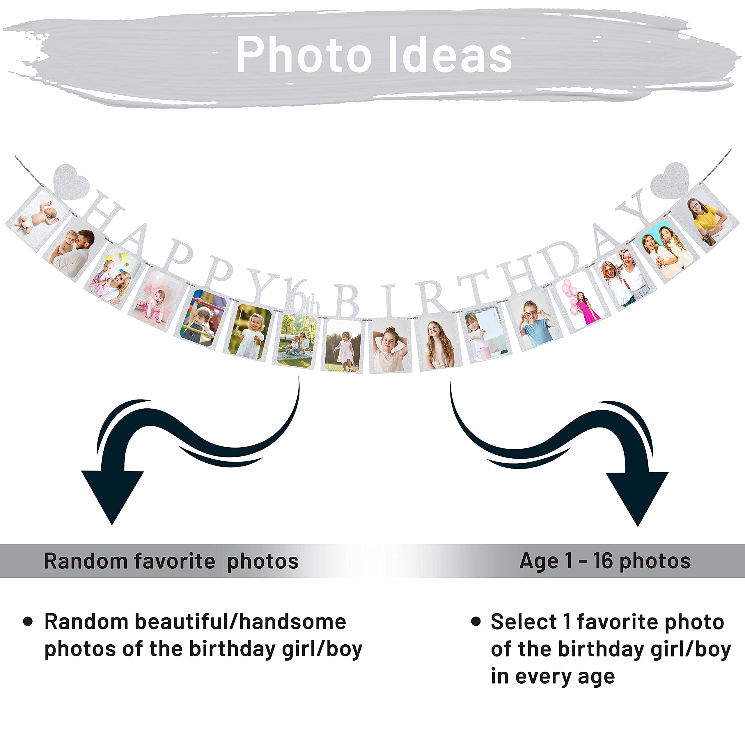 Sweet 16 Birthday Party Decorations - Silver Pre-Assembled Photo Banner with 16 Card Frames | Happy 16th Birthday Decor for Girls | Perfect for Sweet 16 Parties, Milestone Celebrations & Teen Birthday Photo Backdrops