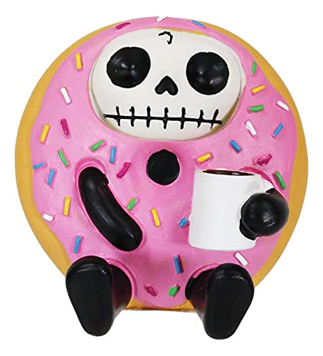 Ebros Gift Furrybones Donatsu Strawberry Sprinkles Donut Skeleton with Milk Figurine - Cute Skull & Bone Collectible for Halloween Decor, Gothic Home Decor, or Kawaii Desk Accessory