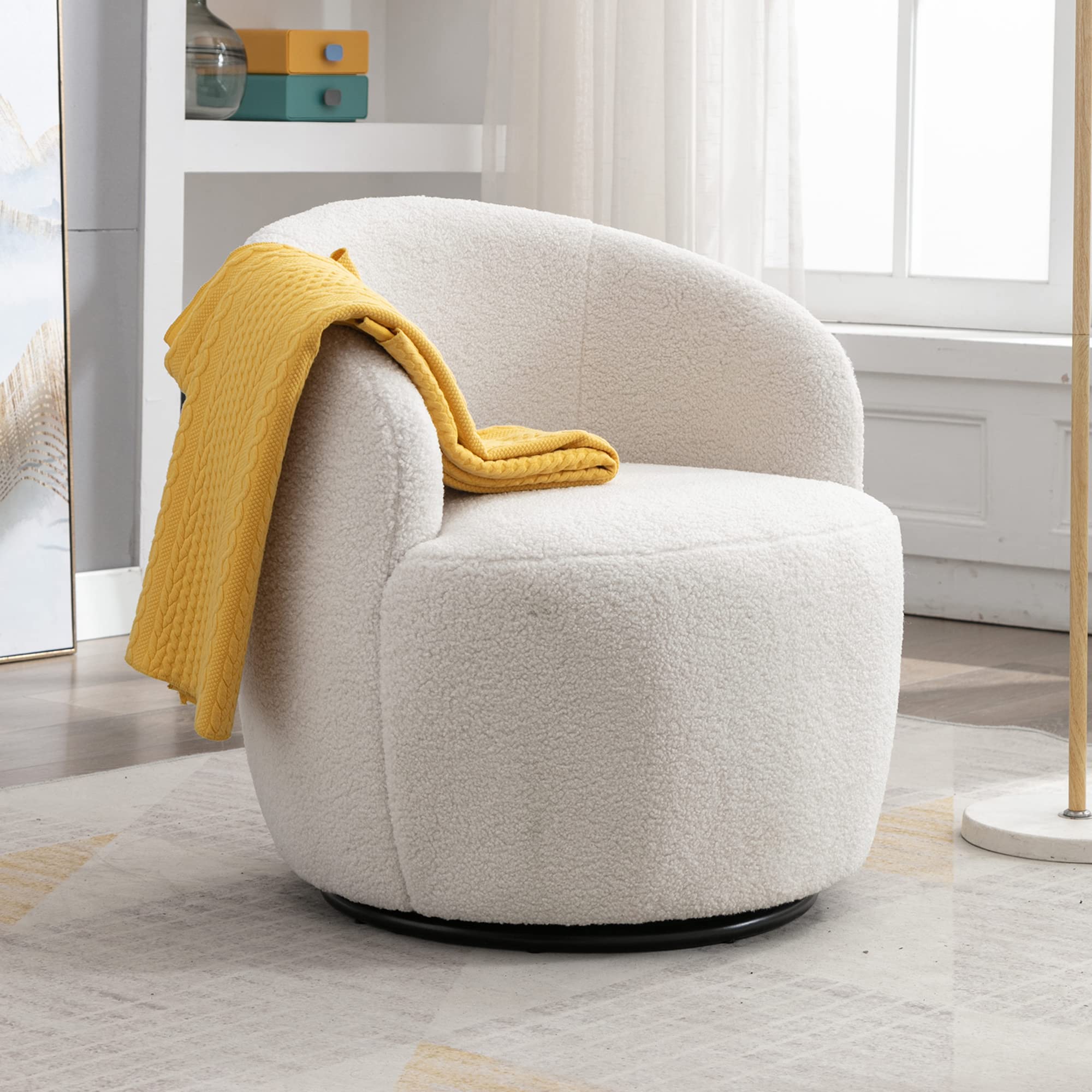 360 Degree Swivel Barrel Chair - Round Upholstered Teddy Fabric Armchair for Living Room, Nursery, Bedroom & Office - Comfortable Accent Chair for Reading, Relaxing & Working
