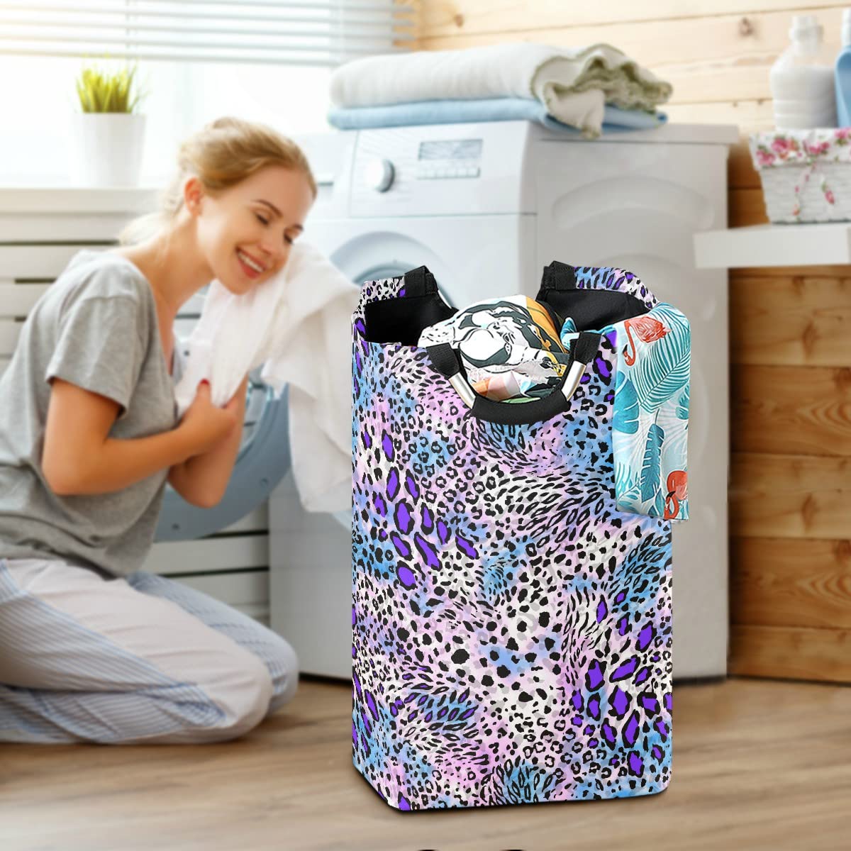 Foldable Leopard Print Laundry Bag with Handles - Collapsible Purple Laundry Hamper Basket for Bathroom Storage & Laundry Room Organization | Perfect for College Dorms, Travel & Home Decor