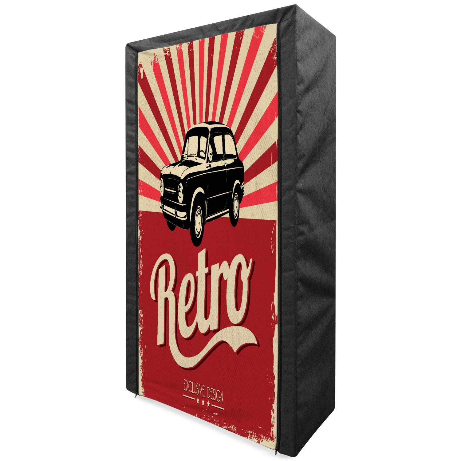 Ambesonne Vintage Cars Fabric Wardrobe - Retro Automotive Poster Design, Portable Clothing Organizer with Shelves, 33.5 Inch Storage Closet in Beige Ruby Black | Perfect for Bedroom, Dorm, Closet Organization & Travel Storage