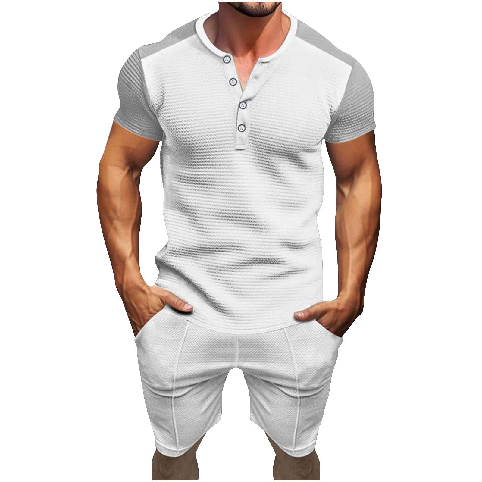 Men's Waffle Knit Henley Shirt & Shorts Set - 2 Piece Summer Outfit for Sports, Beach & Casual Wear with Pockets | Breathable Comfort for Gym, Vacation & Everyday Use
