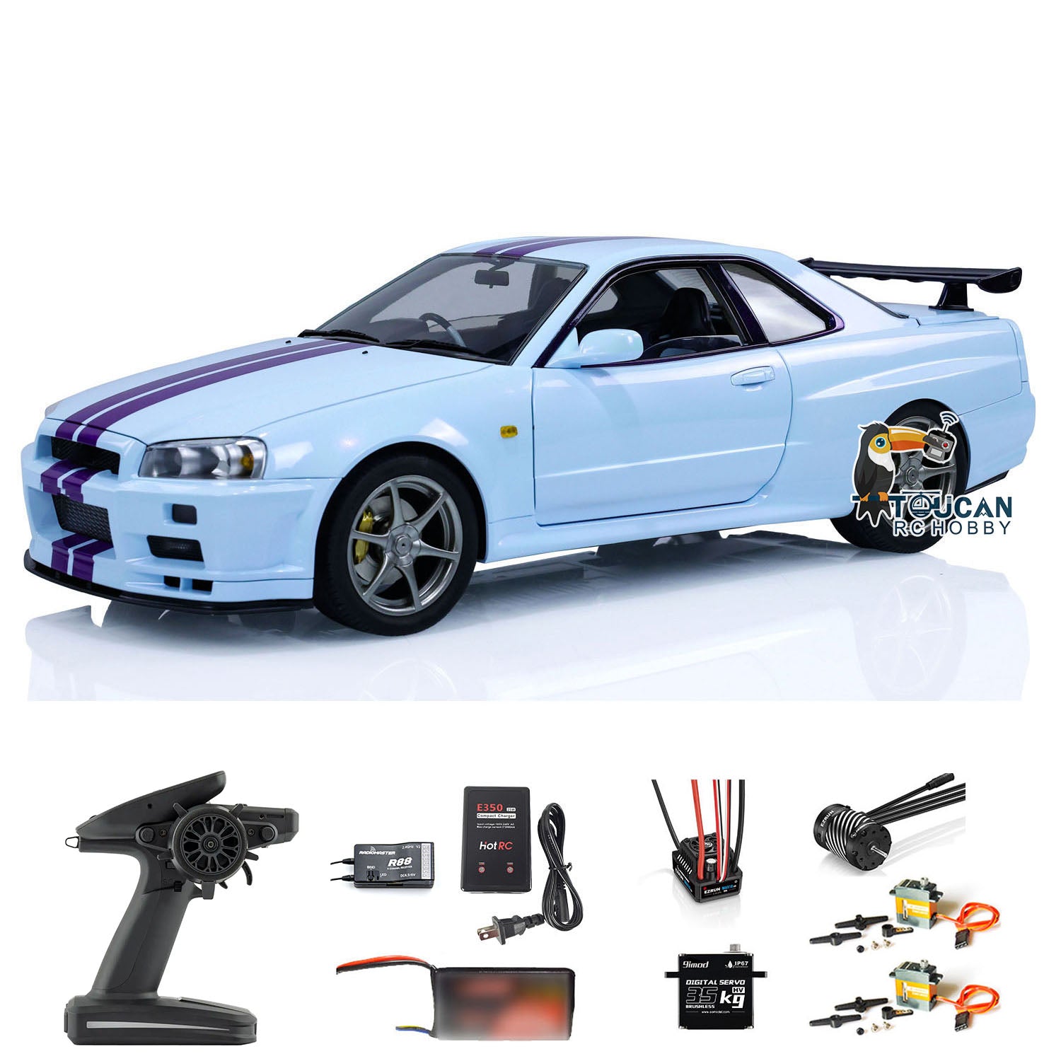 1:8 Scale RC Drift Car - 4WD Remote Control RTR Nissan R34 Model with Brushless Motor | High Speed Hobby Grade DIY Assembled Painted Toy | Perfect for Drift Racing, Backyard Fun & RC Enthusiasts