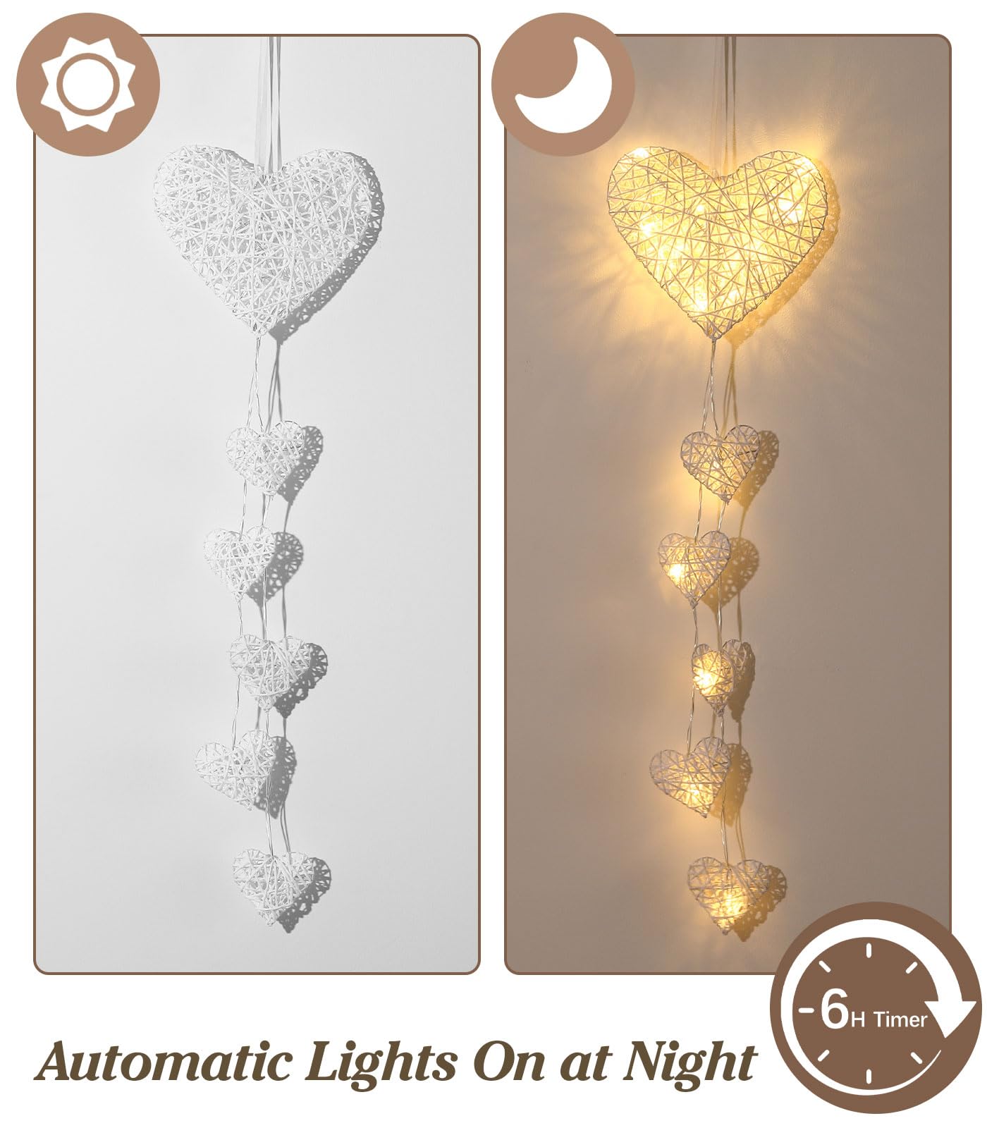 Lewondr Heart-Shaped Rattan Hanging Light - Battery Operated Fairy Lights with Timer for Indoor Decor, Kids Room, Bedroom, Window & Party Decorations - White | Perfect for Nursery, Wedding, Christmas & Cozy Ambiance Lighting