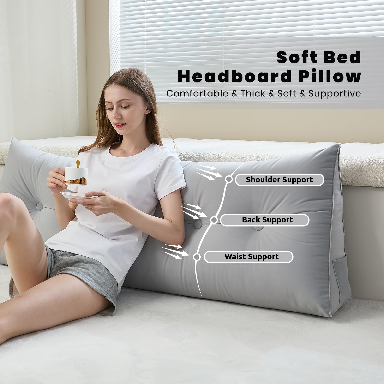 Triangular Wedge Pillow Headboard for Queen Bed - Soft Support for Reading & Resting - Removable Cover - Chalk Grey (59