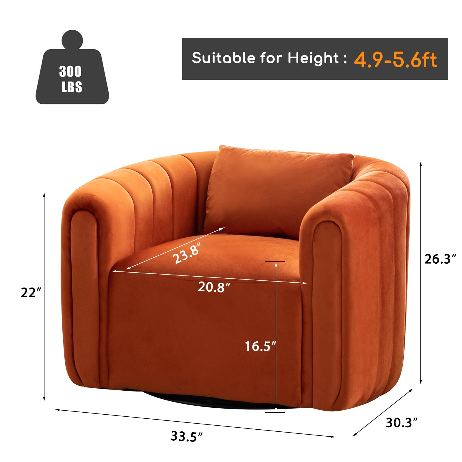 360-Degree Swivel Accent Chair for Living Room - Round Barrel Armchair with Pumpkin Shape, Single Club Sofa for Bedroom, Apartment & Office - Orange | Perfect for Reading Nook, Lounge Area & Small Spaces