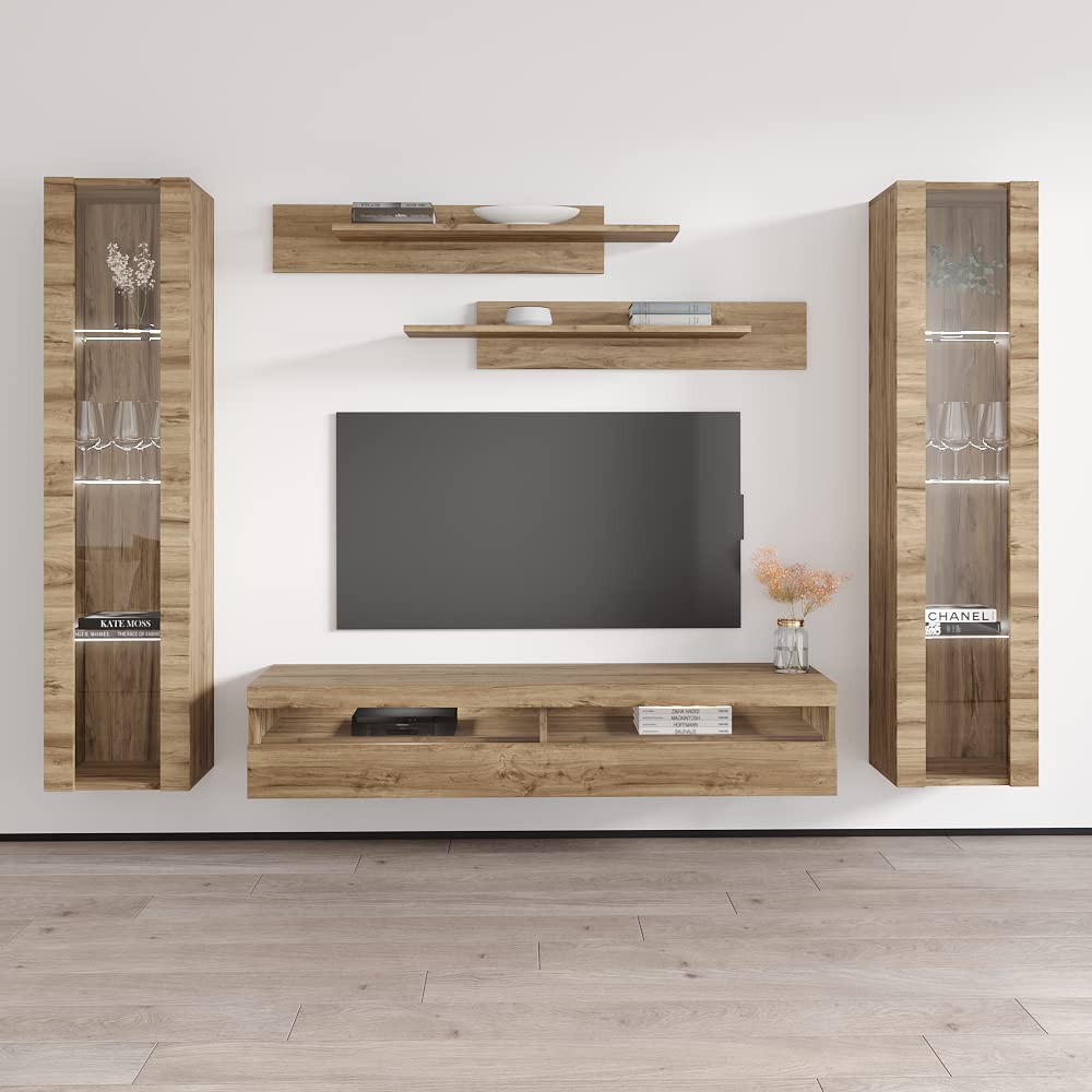 Modern Floating TV Stand with Storage & LED Lights - Wall-Mounted Entertainment Center for Bedroom & Living Room - Oak Wood TV Console with Shelves - Perfect for Small Spaces & Home Theater Setup