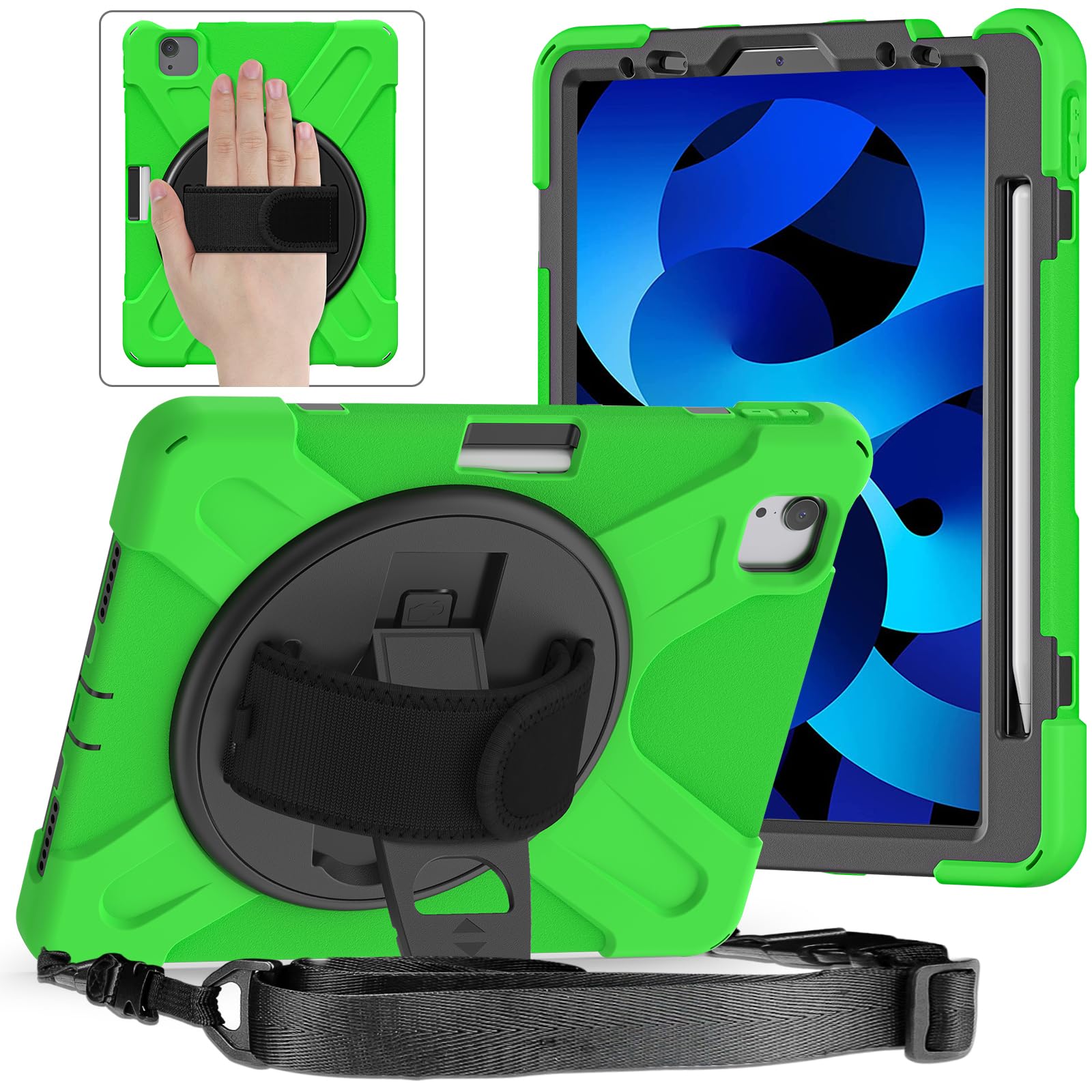 ZenRich iPad Air 5th/4th Generation Case (2022/2020) - Shockproof Protective Cover with Pencil Holder, Adjustable Stand & Hand Strap for iPad 10.9 inch & iPad Pro 11 (2018-2022) - Perfect for Work, Travel & School - Green