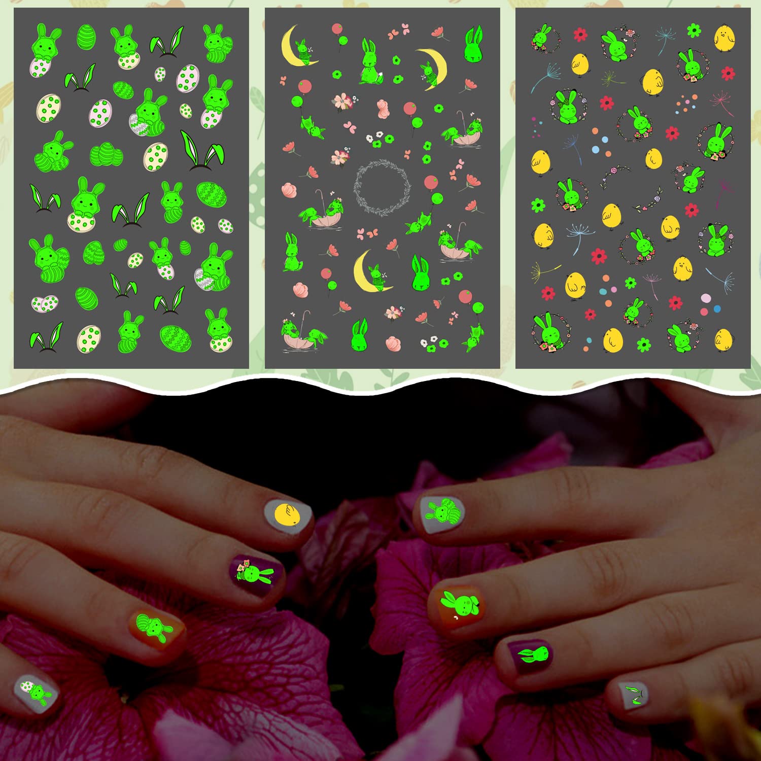 Glow in The Dark Easter Nail Stickers for Kids - 10 Sheets Self-Adhesive Nail Art Decals with Easter Egg Designs, DIY Nail Wraps for Girls Party & Holiday Nail Decorations - Perfect for Easter Celebrations, Birthday Parties & Sleepovers