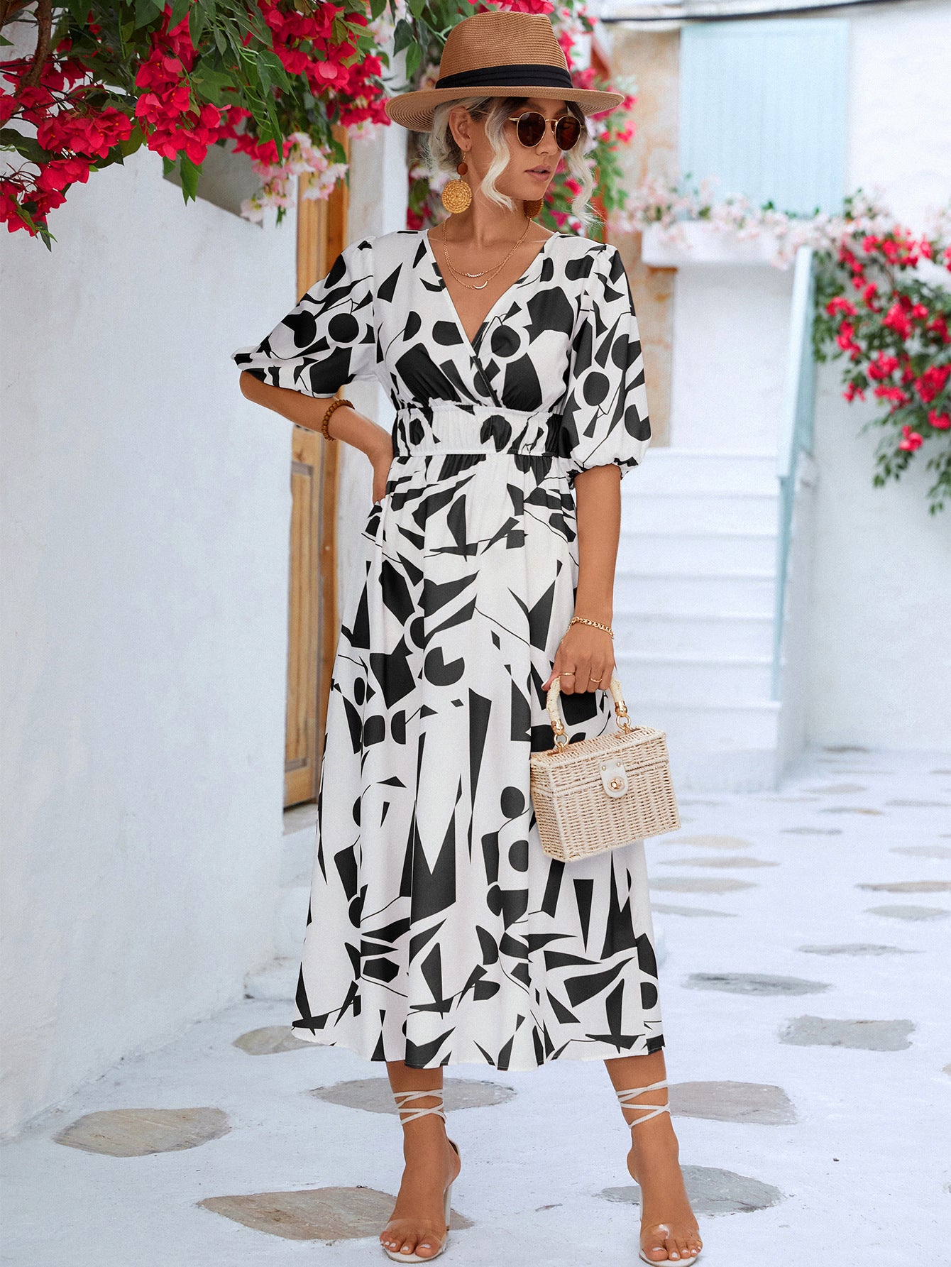 Elegant Printed Surplice Balloon Sleeve Dress for Women | Flowy Summer Maxi Dress | Perfect for Beach Vacations, Weddings & Date Nights