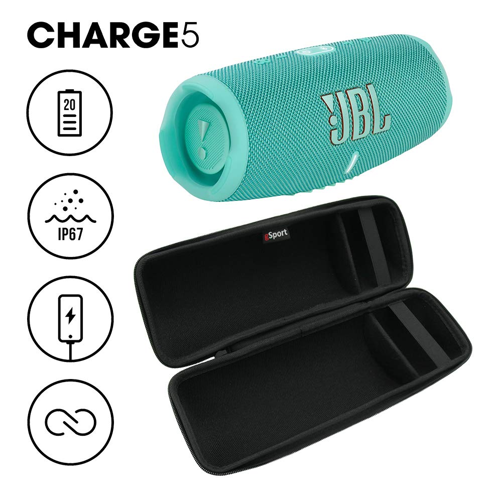 JBL Charge 5 Waterproof Bluetooth Speaker - Portable Wireless Speaker with Built-in Power Bank, 20 Hours Playtime, IP67 Rating - Includes gSport Carbon Fiber Case (Teal) - Perfect for Beach, Pool, Camping & Outdoor Adventures