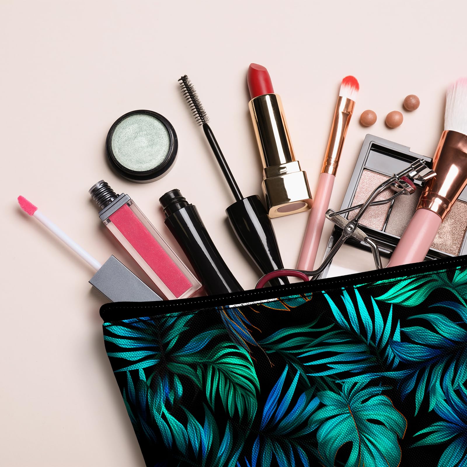 Hawaiian Palm Leaf Makeup Bag for Women - Large Capacity Waterproof Cosmetic Organizer & Mini Travel Pouch Set | Perfect for Vacation, Beach Trips, and Daily Makeup Storage