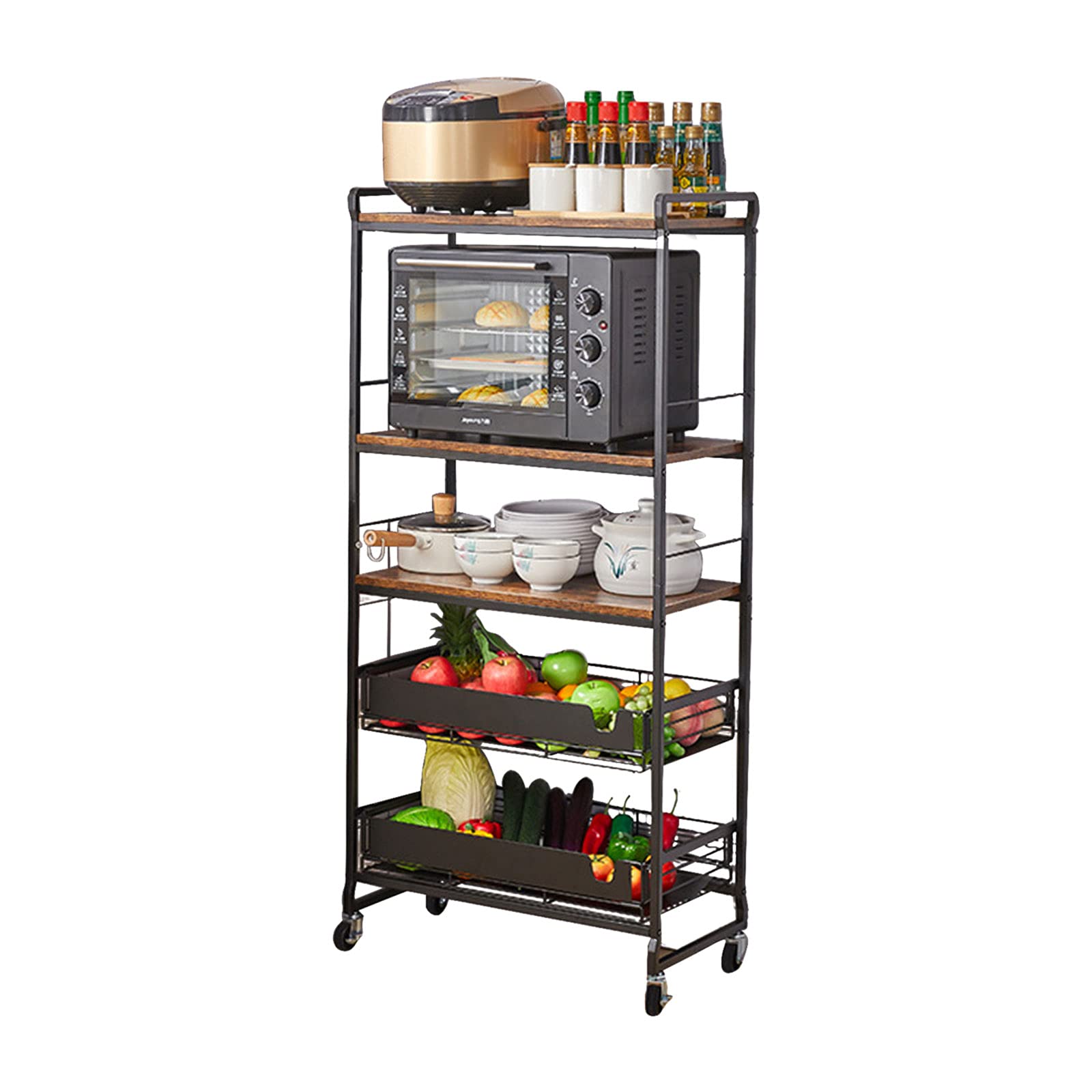 5-Tier Rustic Brown Kitchen Shelf Organizer - Industrial Baker's Rack with Storage, Free Standing Microwave Cart & Utility Shelf for Kitchen Organization | Perfect for Small Spaces, Pantry Storage & Countertop Appliance Display