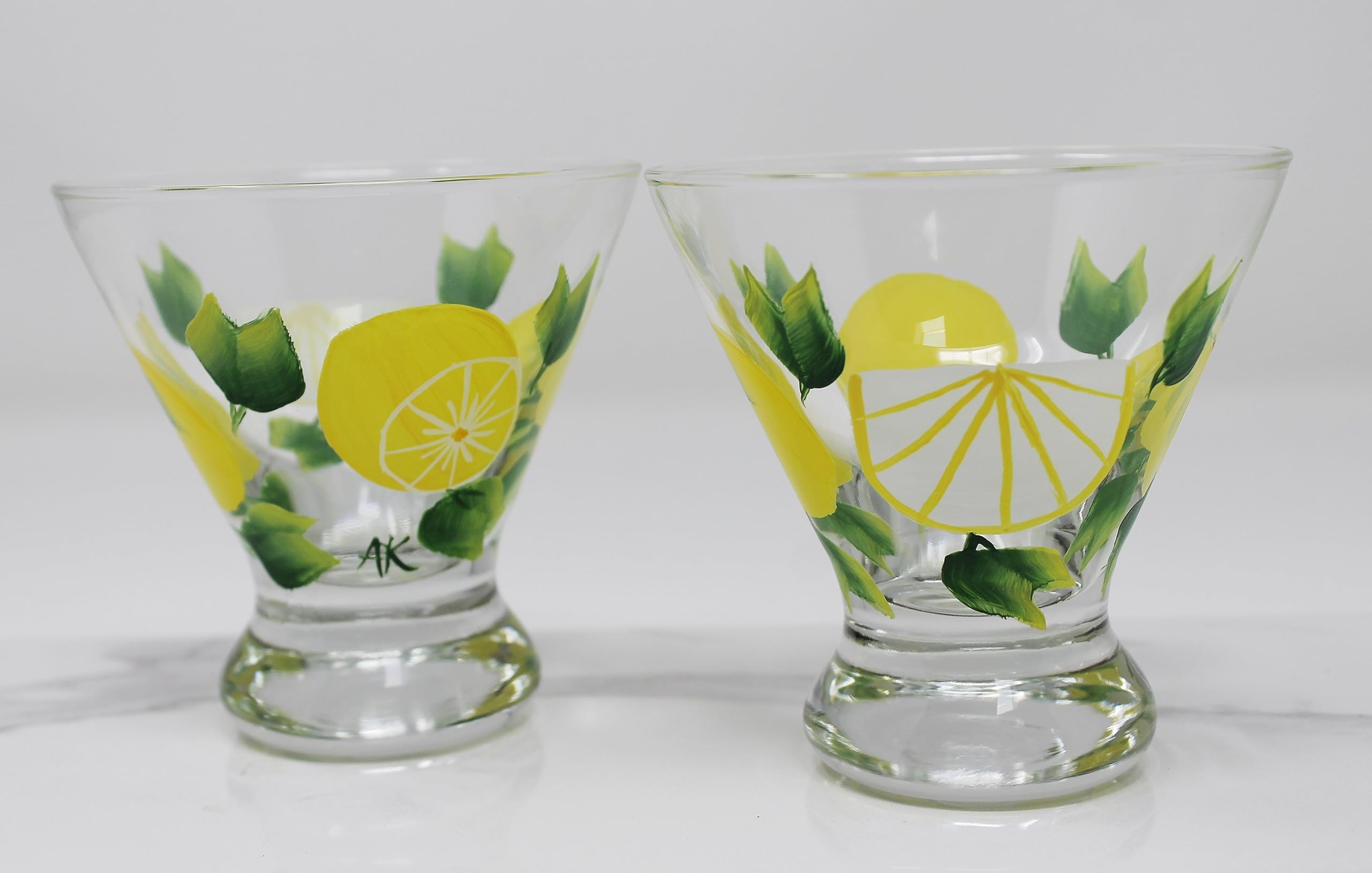 Hand Painted Stemless Martini Glasses Set of 2 - Elegant Lemon Drop Cocktail Glasses for Home Bar, Party & Wedding Decor