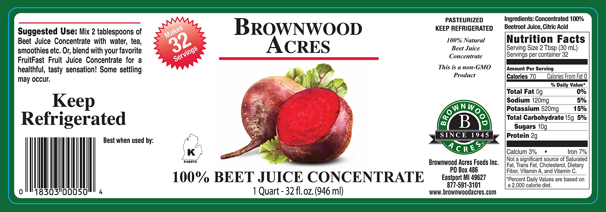Brownwood Acres/FruitFast Beet Juice Concentrate - 64 oz, Non-GMO, Gluten Free, BPA Free, Kosher Certified Pure Fruit Juice | Great for Smoothies, Baking & Natural Food Coloring