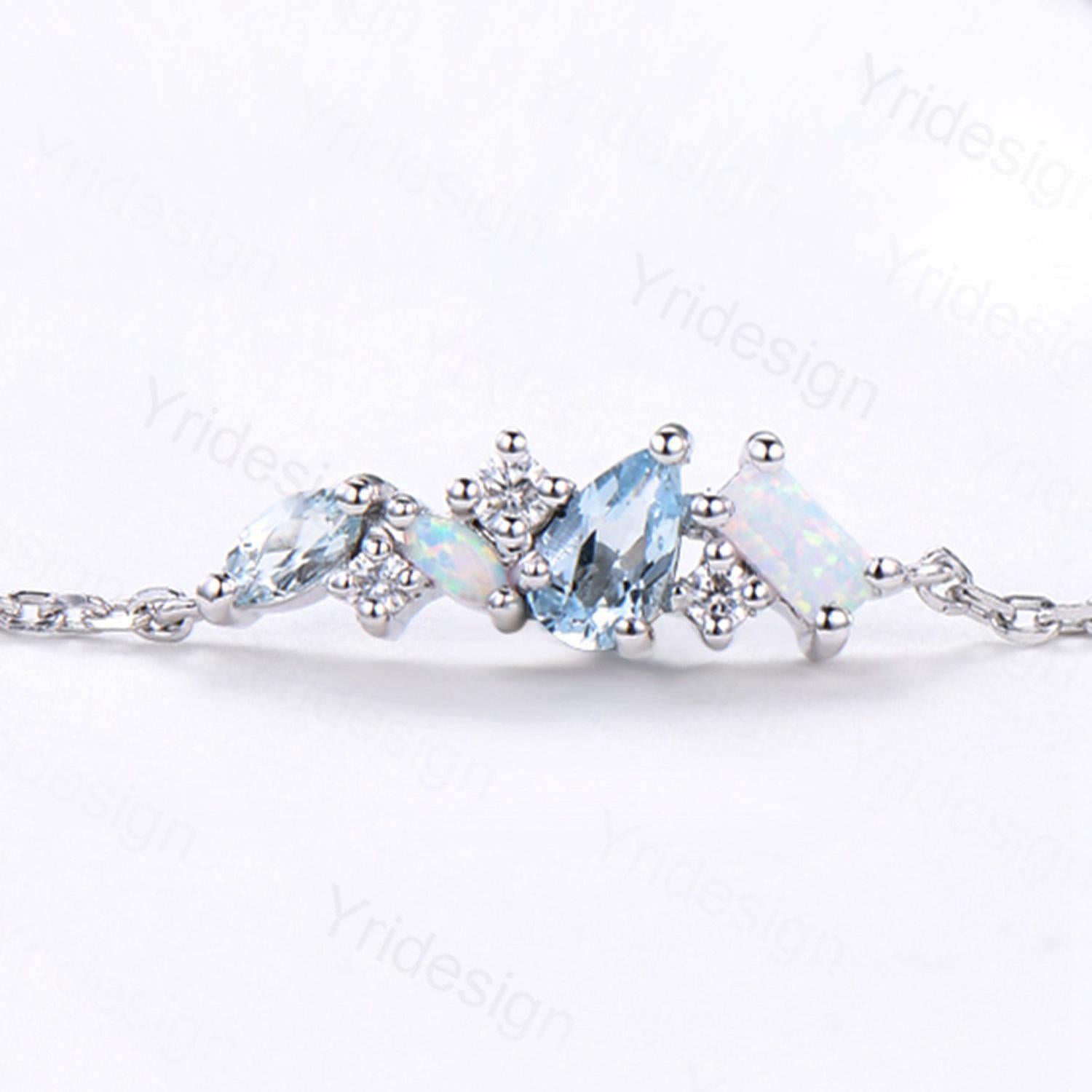 Elegant Pear Shaped Aquamarine Bracelet with Multi-Stone Baguette & White Opal | Silver & Gold Art Deco Jewelry | Anniversary Gift for Women | Perfect for Weddings, Parties & Special Occasions