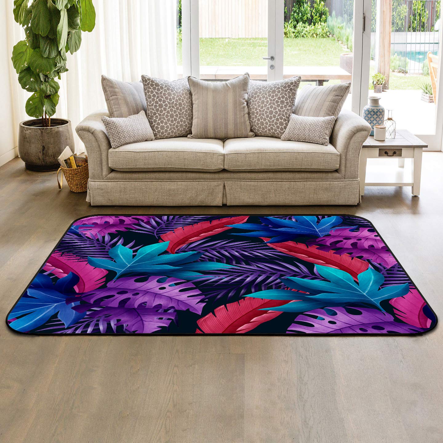 5' x 8' Modern Large Area Rugs - Tropical Plants & Palm Tree Design Soft Throw Carpet for Nursery, Kids Room, Living Room & Bedroom | Indoor Outdoor Floor Covering with Monstera Leaf Pattern - Perfect for Home Decor, Dorm, and Patio Use