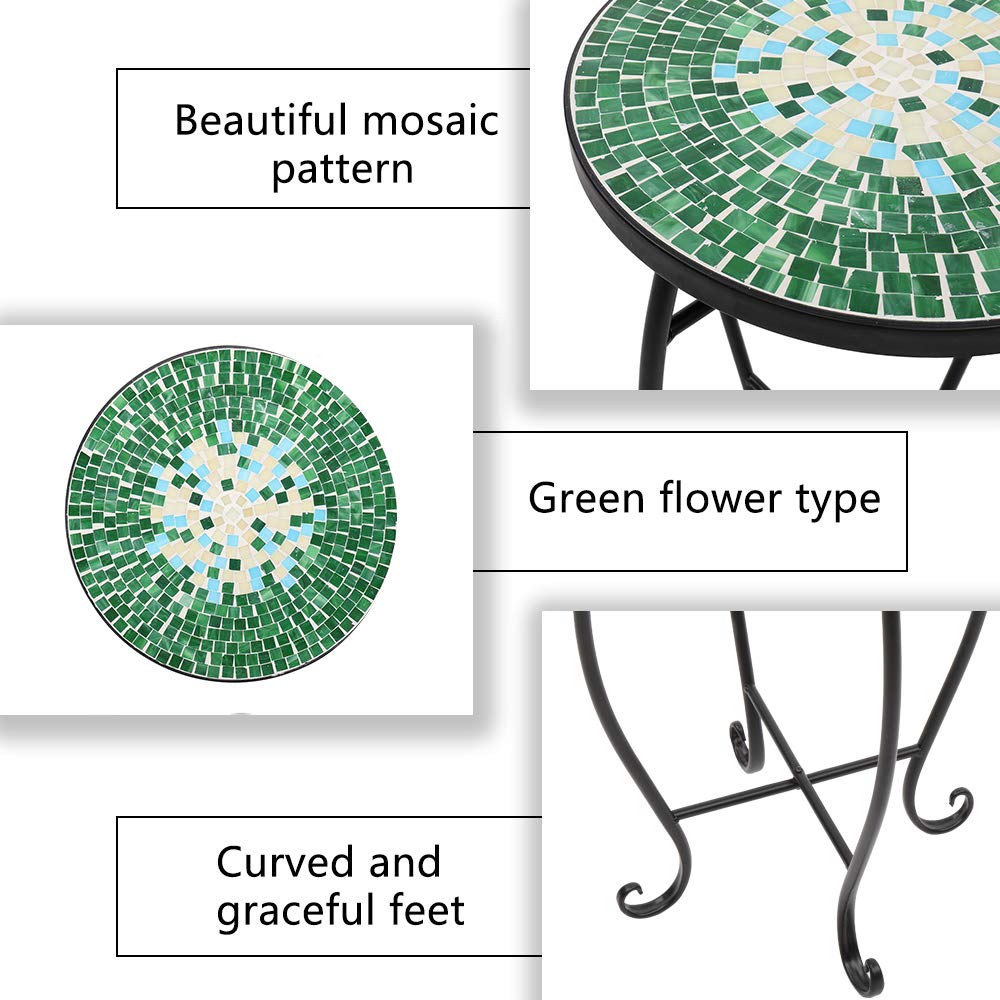 Round Wrought Iron Mosaic Accent Table - Stained Glass Patio Side Table with Green Surface | Indoor Outdoor Coffee End Table for Garden, Lawn, Patio & Home Decor | Perfect for Outdoor Entertaining & Living Room Accents