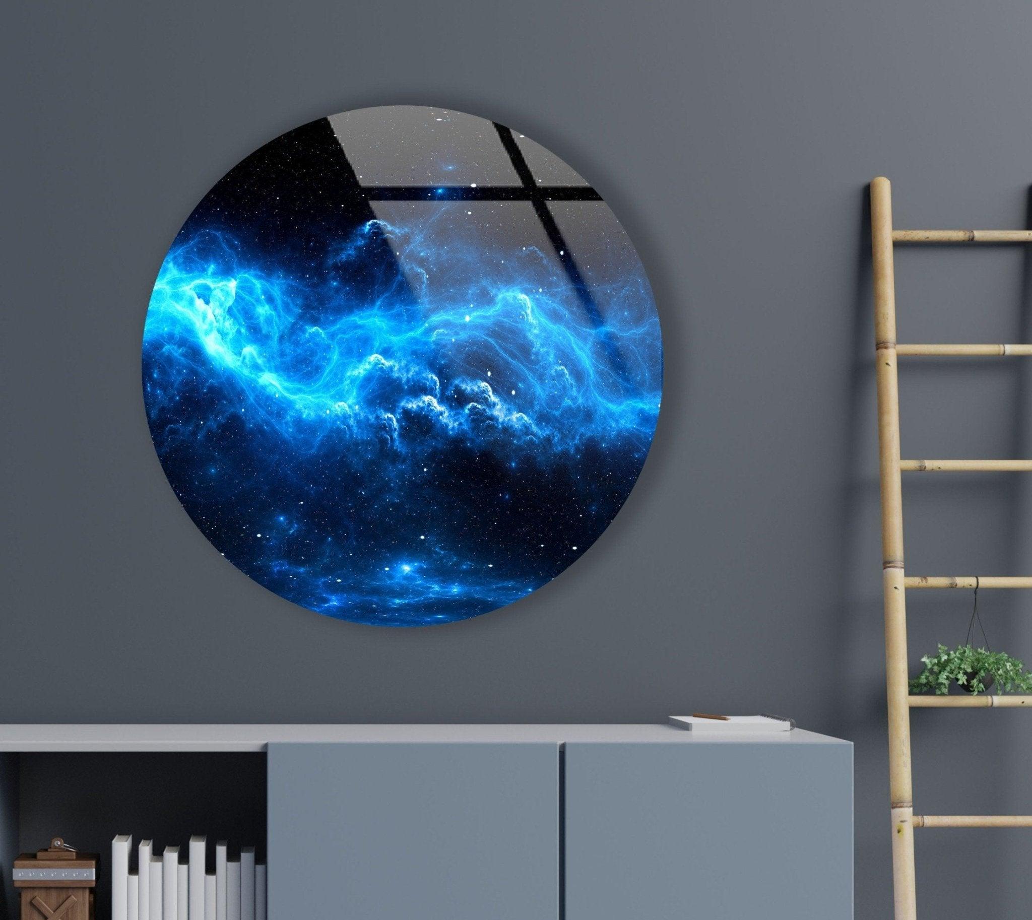 Abstract Round Blue Space Glass Wall Art Decor - Modern Handmade Glass Mural for Living Room, Bedroom & Office Decor