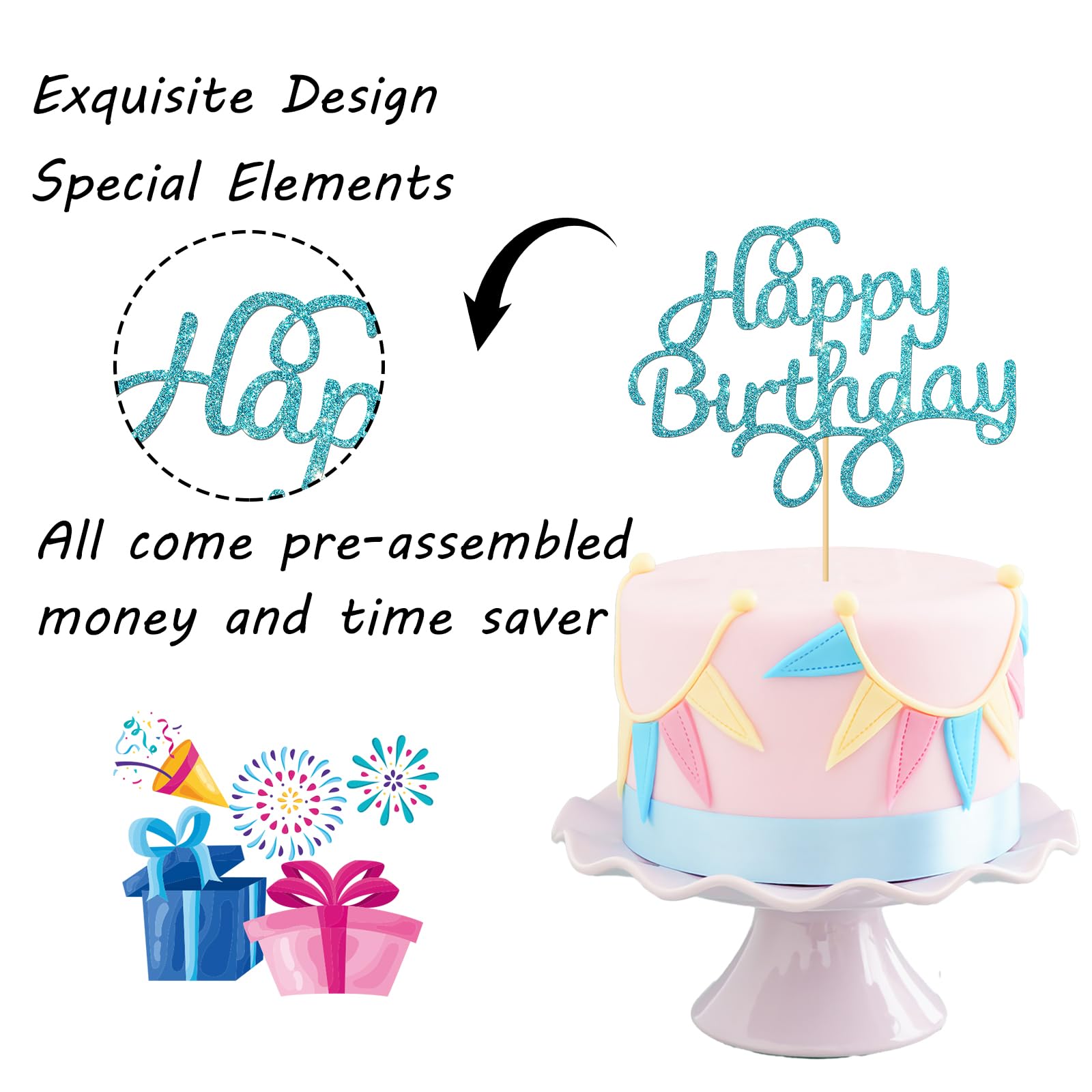 Blue Glitter Happy Birthday Cake Topper - Premium Party Decor for Birthday Cakes, Cupcakes & Desserts | Perfect for Birthday Parties, Baby Showers & Celebrations