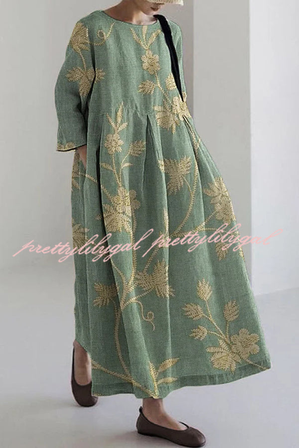 Stylish Printed Round Neck Long Sleeve Loose Maxi Dress for Women - Casual Boho Chic Flowy Dress for Beach, Party & Everyday Wear