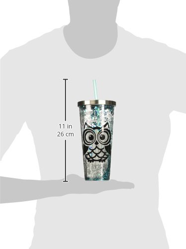 Spoontiques 20 oz Glitter Filled Acrylic Tumbler with Straw - Double Wall Insulated Stainless Steel Locking Lid - BPA Free Blue Owl Design - Perfect for Office, Gym & Outdoor Activities