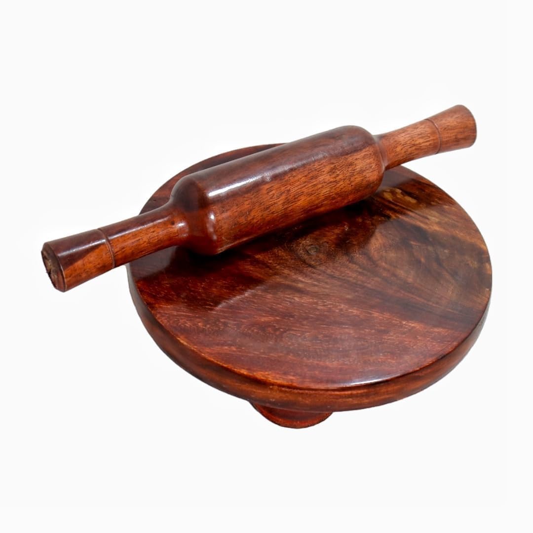 Premium Sheesham Wood Chakla Belan Set - 10 Inch Rosewood Rolling Pin & Board for Roti, Chapati, Dough - Ideal for Indian Cooking, Baking, and Homemade Flatbreads