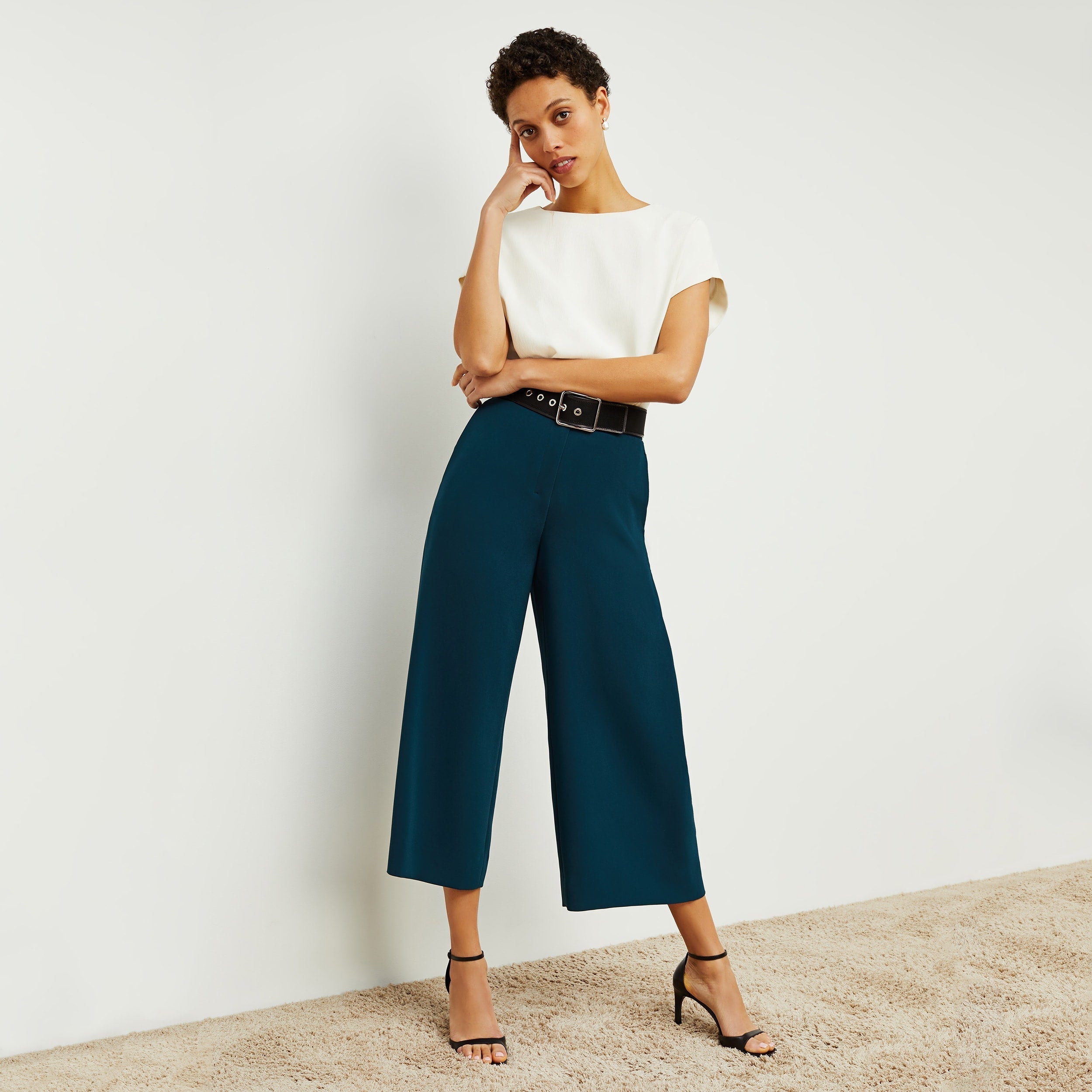 Zhou Culotte Women's High Waist Wide Leg Pants - Heavy Crepe Fabric - Rainforest Print - Elegant & Comfortable for Work, Travel & Casual Wear