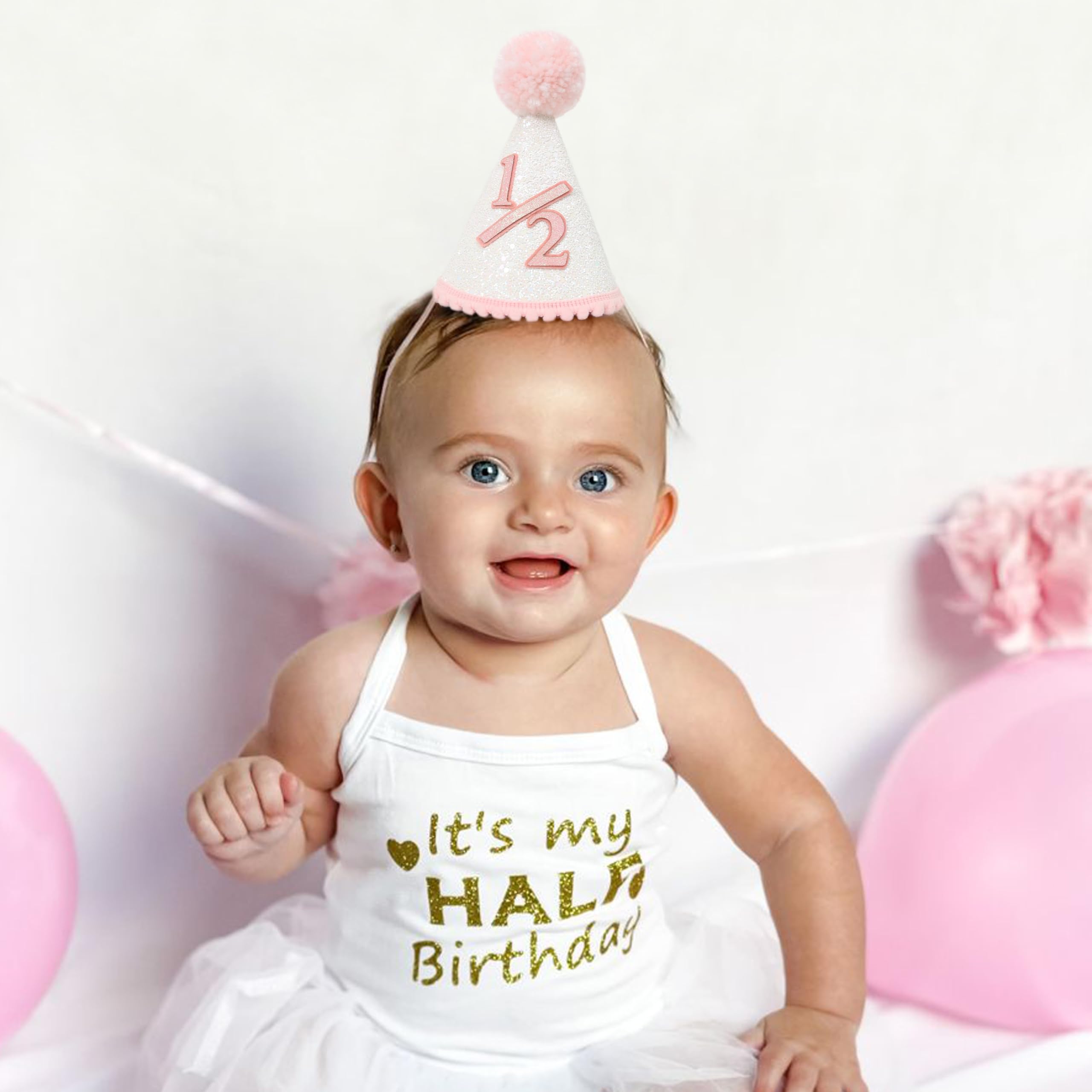 Boho Pink Cone 1/2 Birthday Party Hats for Girls - Glitter Princess Party Hat for Baby Girls & Toddlers | Perfect for 1st Birthday, Half Birthday Celebrations, Princess Themed Parties & Photo Shoots