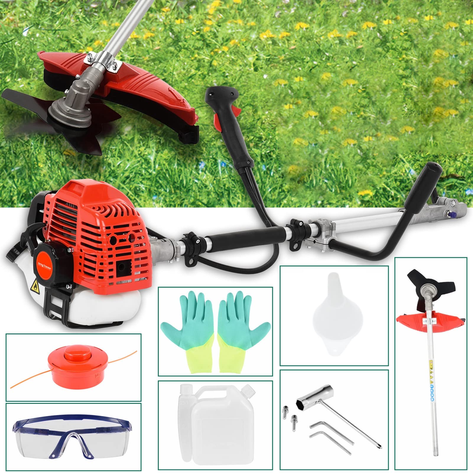 52cc 2-Stroke Gas Powered Weed Eater - 2-in-1 Grass Trimmer & Brush Cutter, Multi-Functional Yard Tool for Lawn Care, Landscaping & Heavy Duty Weed Trimming (Red) - Perfect for Home Gardens, Backyards & Professional Landscaping