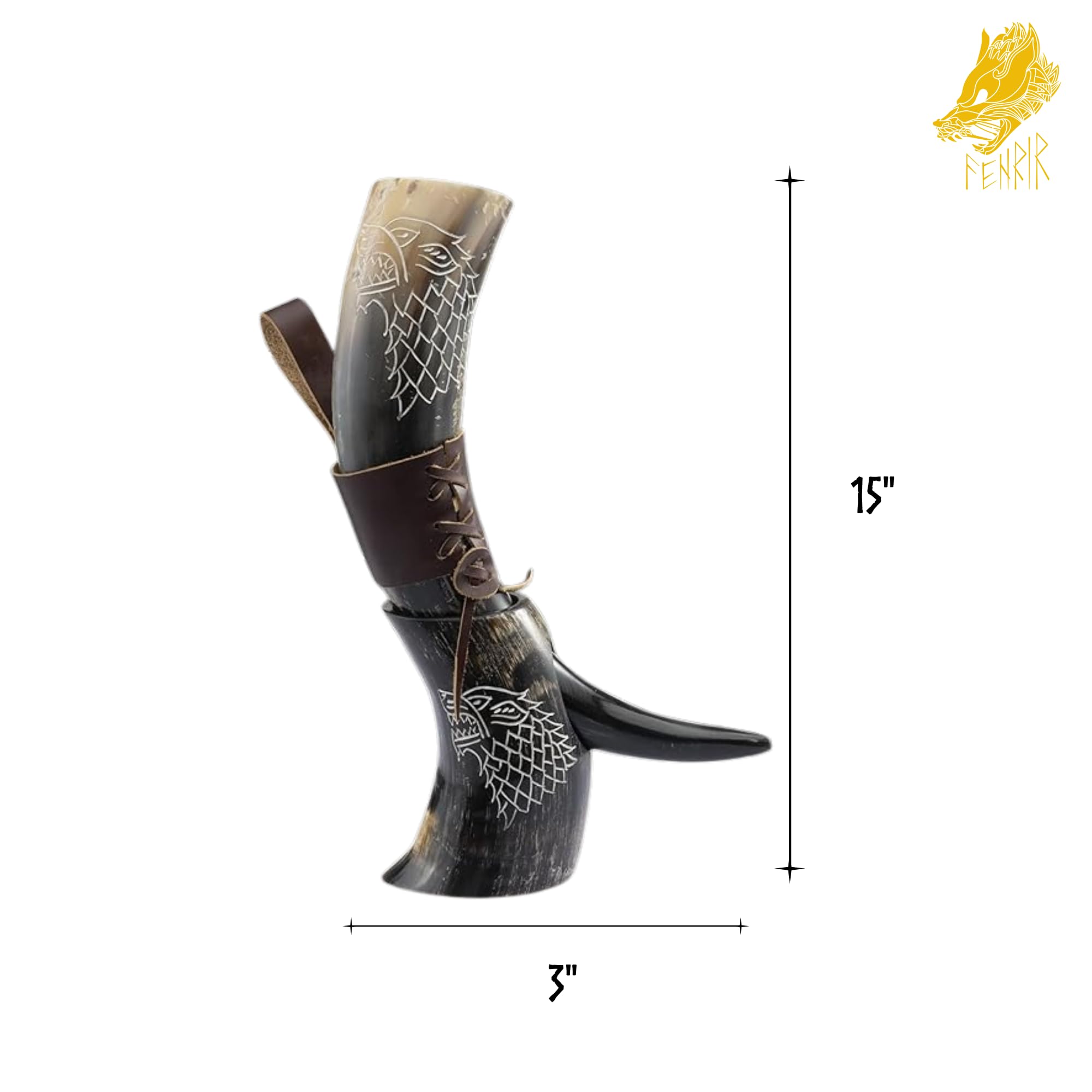 FENRIR 16 oz Viking Drinking Horn with Stand - Norse Viking Beer Cup for Ale, Mead & Wine | Food Grade Wolf Shine Polished | Perfect for Medieval Parties, Renaissance Fairs & Viking Themed Events | Includes Holster & Bottle Opener - Unique Gift for Men & Women