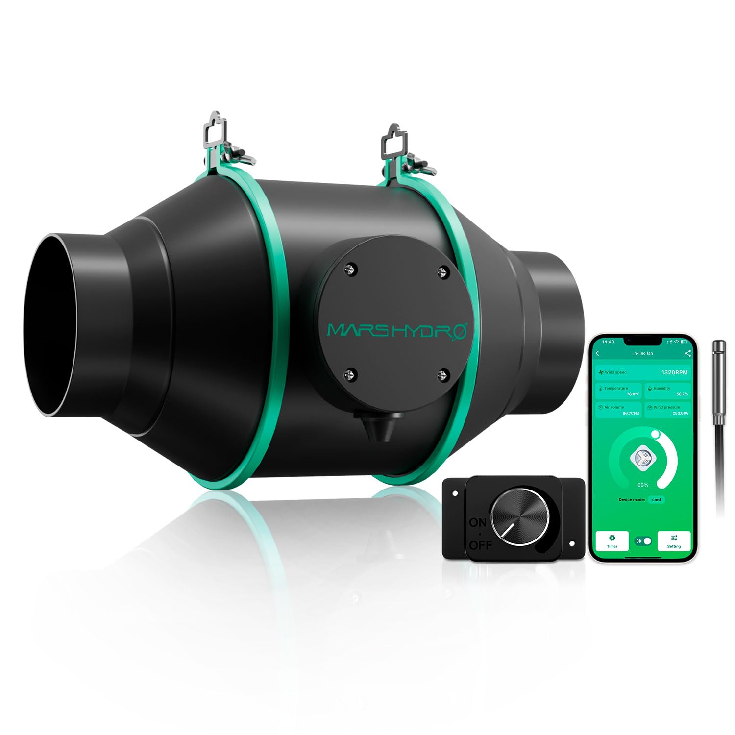 Mars Hydro iFresh 4 Inch Smart Inline Duct Fan with Variable Speed Controller - 205 CFM Ventilation Exhaust Fan with App Control, Temperature & Humidity Sensor for Grow Tents, Hydroponics, Greenhouses & Indoor Gardening