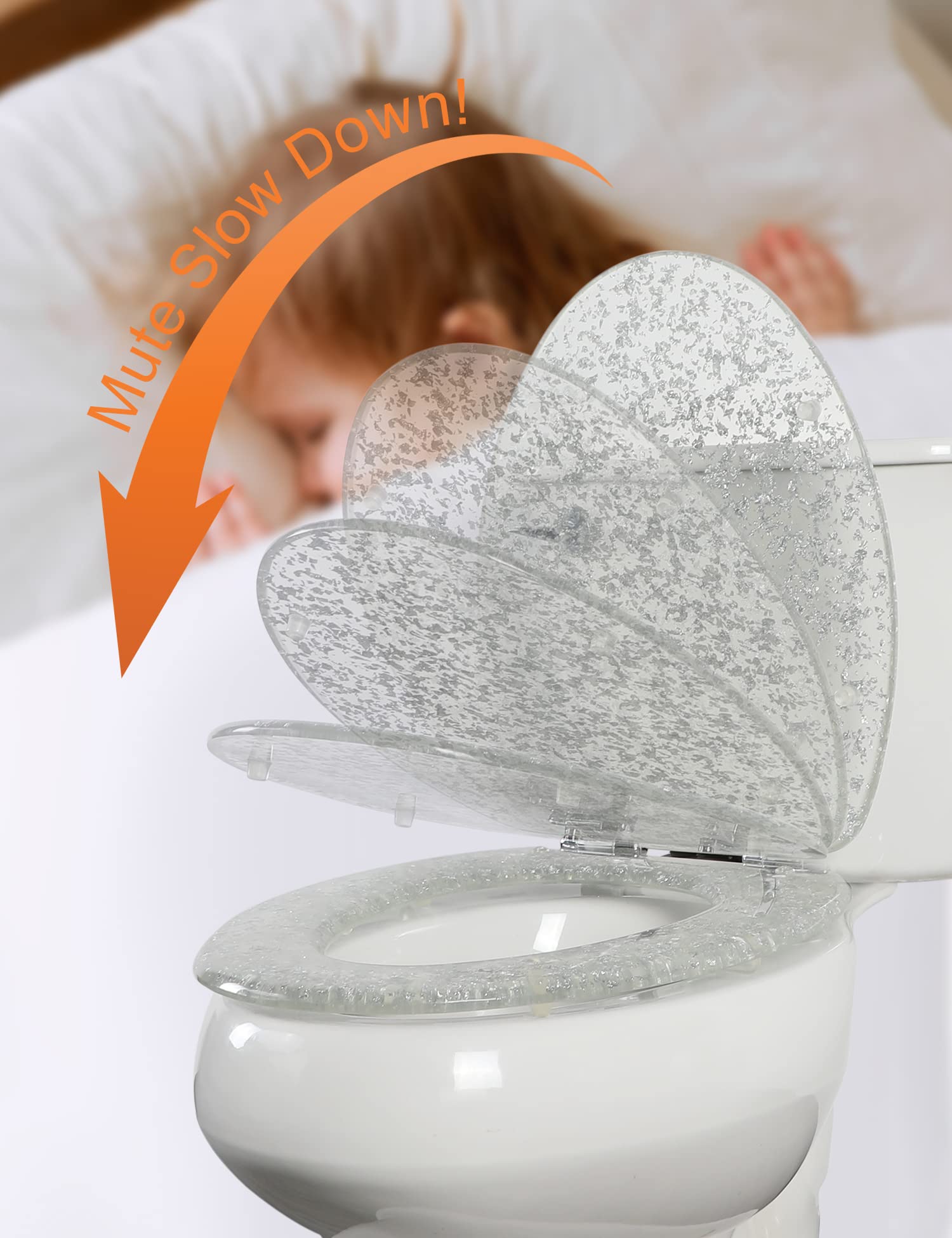 Glitter Silver Resin Elongated Toilet Seat with Slow Quiet-Close Lid - Heavy Duty Standard Size Toilet Seat (19 Inch, Silver Foil, Upgraded Hinge) - Easy Installation & Cleaning for Bathroom, Home & Commercial Use