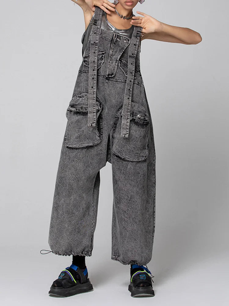 Women's Black Patchwork Dual Pocket Jumpsuit - Square Collar Sleeveless Wide Leg Romper | Casual Summer Outfit, Beach Cover-Up, Streetwear Fashion