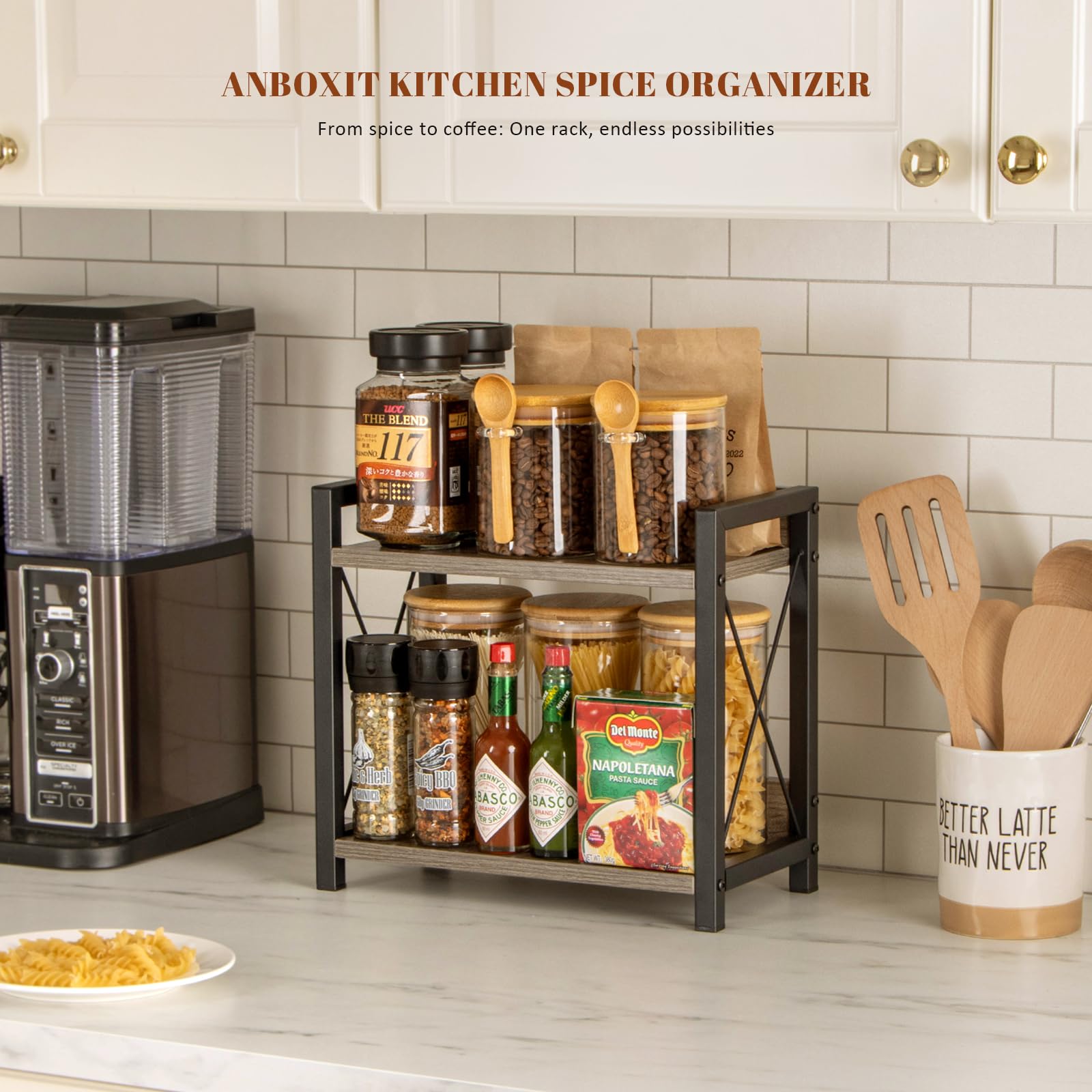 Grey Wooden 2-Tier Coffee Bar Organizer - Countertop Spice Rack & Kitchen Shelf for Coffee Station, Office, and Home Decor
