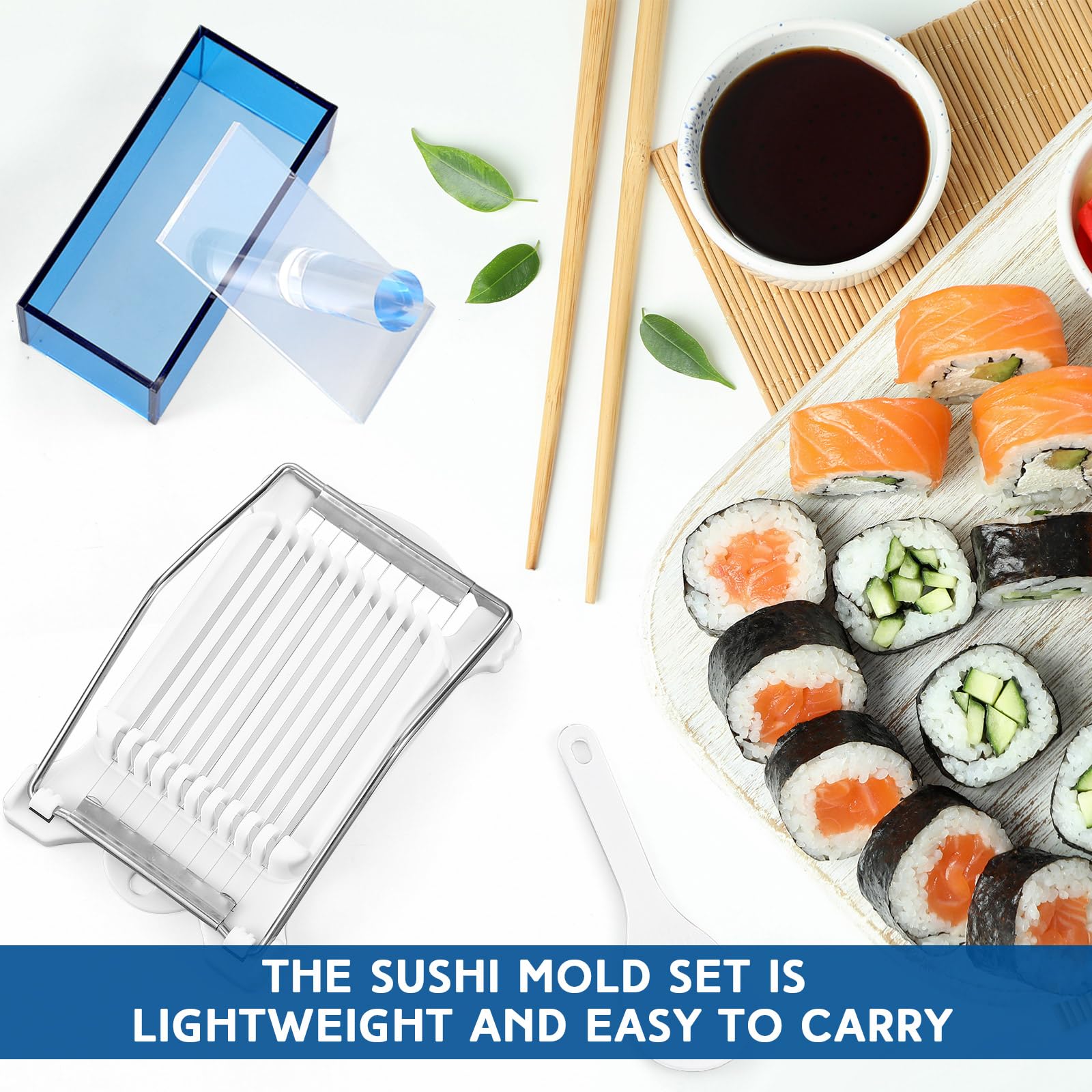 Baderke 10-Piece Musubi Maker Kit - 2 Blue Acrylic Sushi Press Molds, 1 Luncheon Meat Slicer, Stainless Steel Wires, 6 Rice Ball Molds, 1 Spoon - Complete DIY Sushi Making Kit for Home, Bento Box, Picnic & Party Food Prep