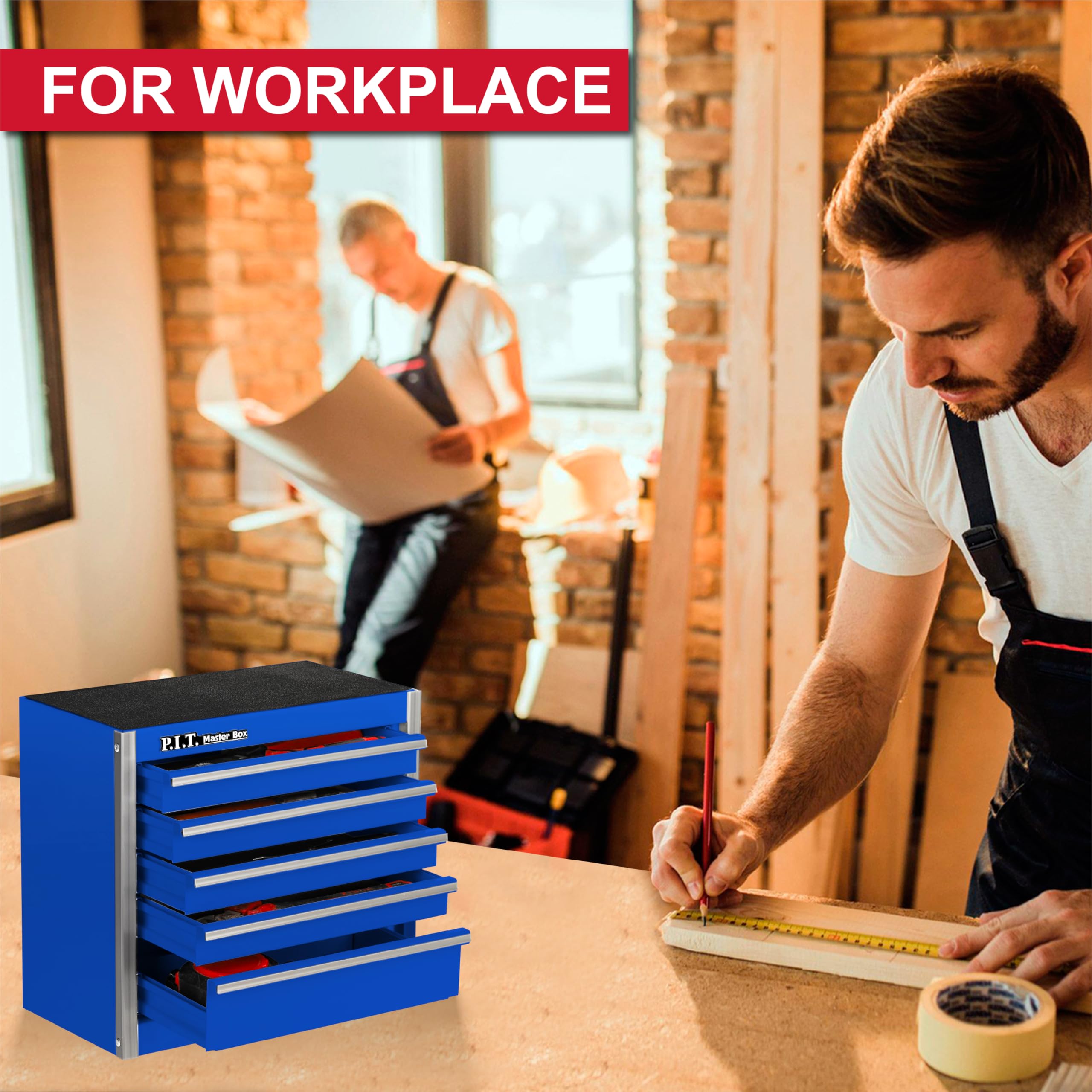 P.I.T. Mini Blue 5-Drawer Steel Tool Box - Portable Stackable Tool Storage Case with Liner for Home DIY, Garage & Workshop Organization - Perfect for Mechanics, Handymen & Craft Enthusiasts