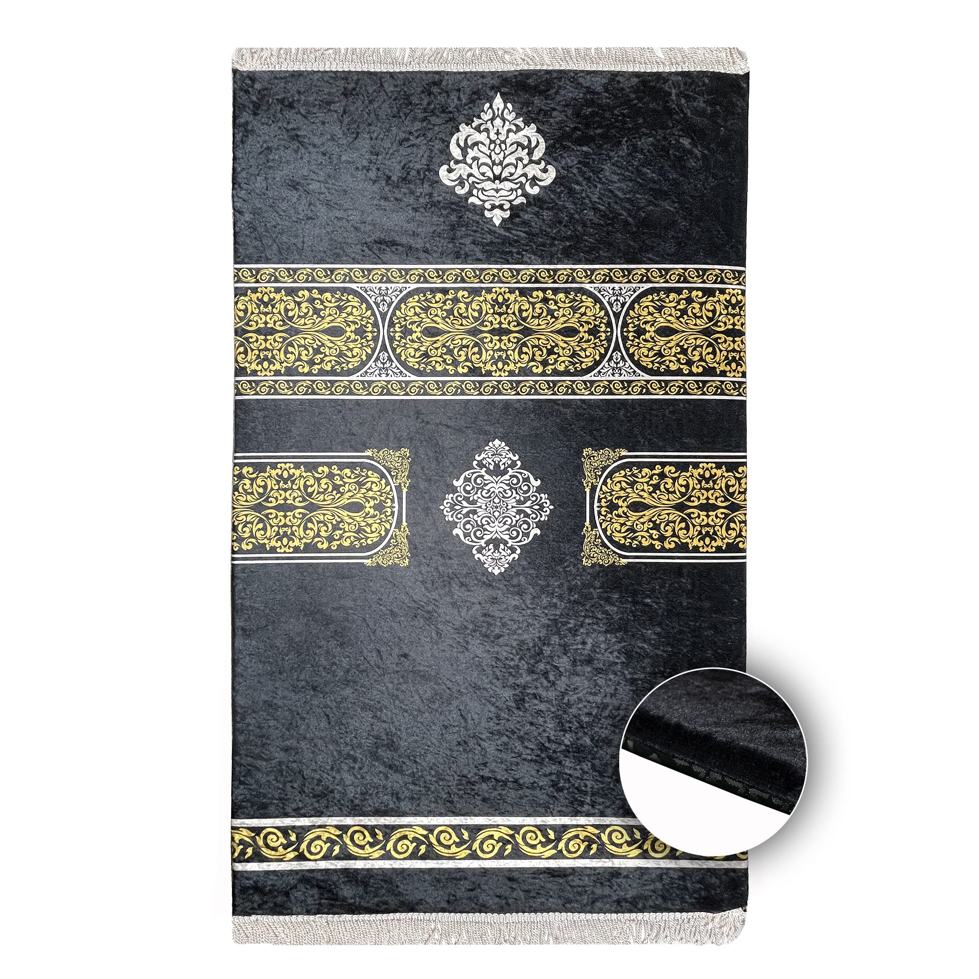 Premium Turkish Islamic Prayer Rug - Thick Padded Comfortable Muslim Prayer Mat for Men & Women | Large Luxury Foam Velvet with Meccan Digital Print in Black & Gold | Perfect for Home, Mosque & Travel Use