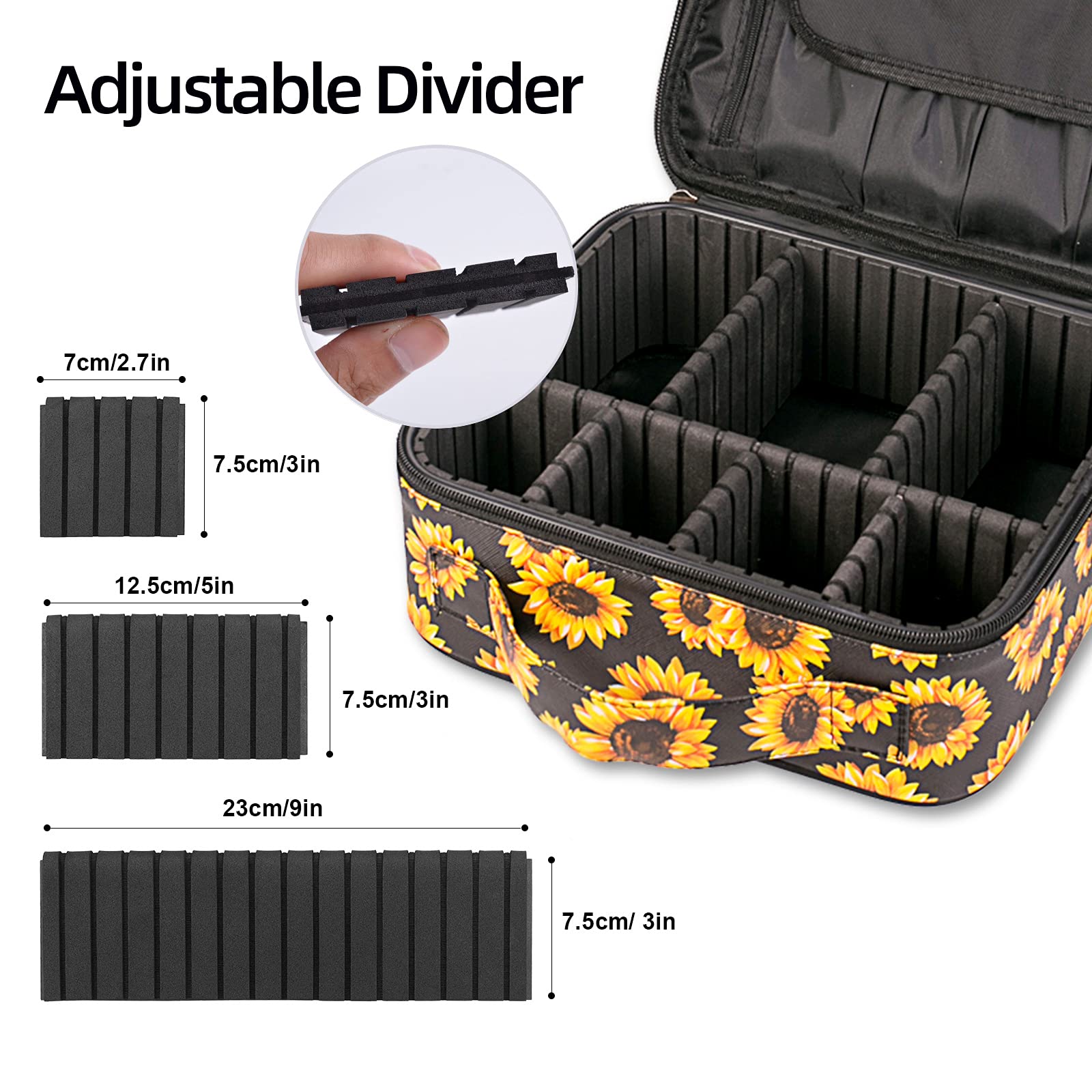 Sunflower Travel Makeup Bag with Adjustable Compartments - Cosmetic Train Case Organizer for Women | Perfect for Makeup Brushes, Toiletries, Jewelry & Digital Accessories Storage | Great for Travel, Gym & Daily Use