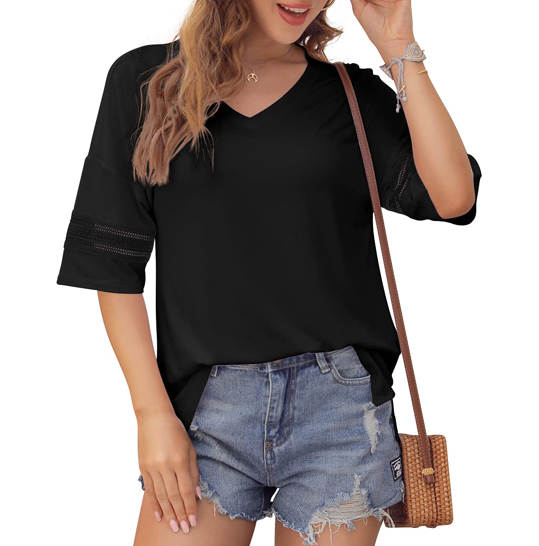Feiersi Women's 3/4 Sleeve V-Neck Casual T-Shirt - Soft Breathable Tunic Top for Everyday Wear, Work & Outfits