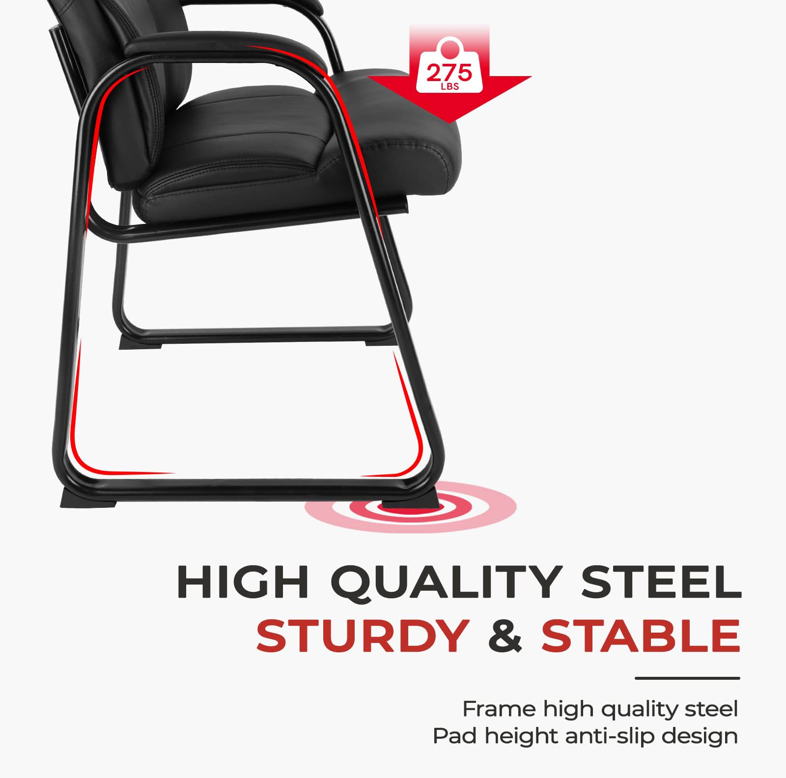 CLATINA Office Guest Chair - Leather Reception Chair with Bonded Padded Armrests & Sled Base, No Wheels Desk Chair for Conference, Waiting Room, Home Office (Set of 2, Black) - Perfect for Reception Areas, Business Meetings, and Home Workspaces