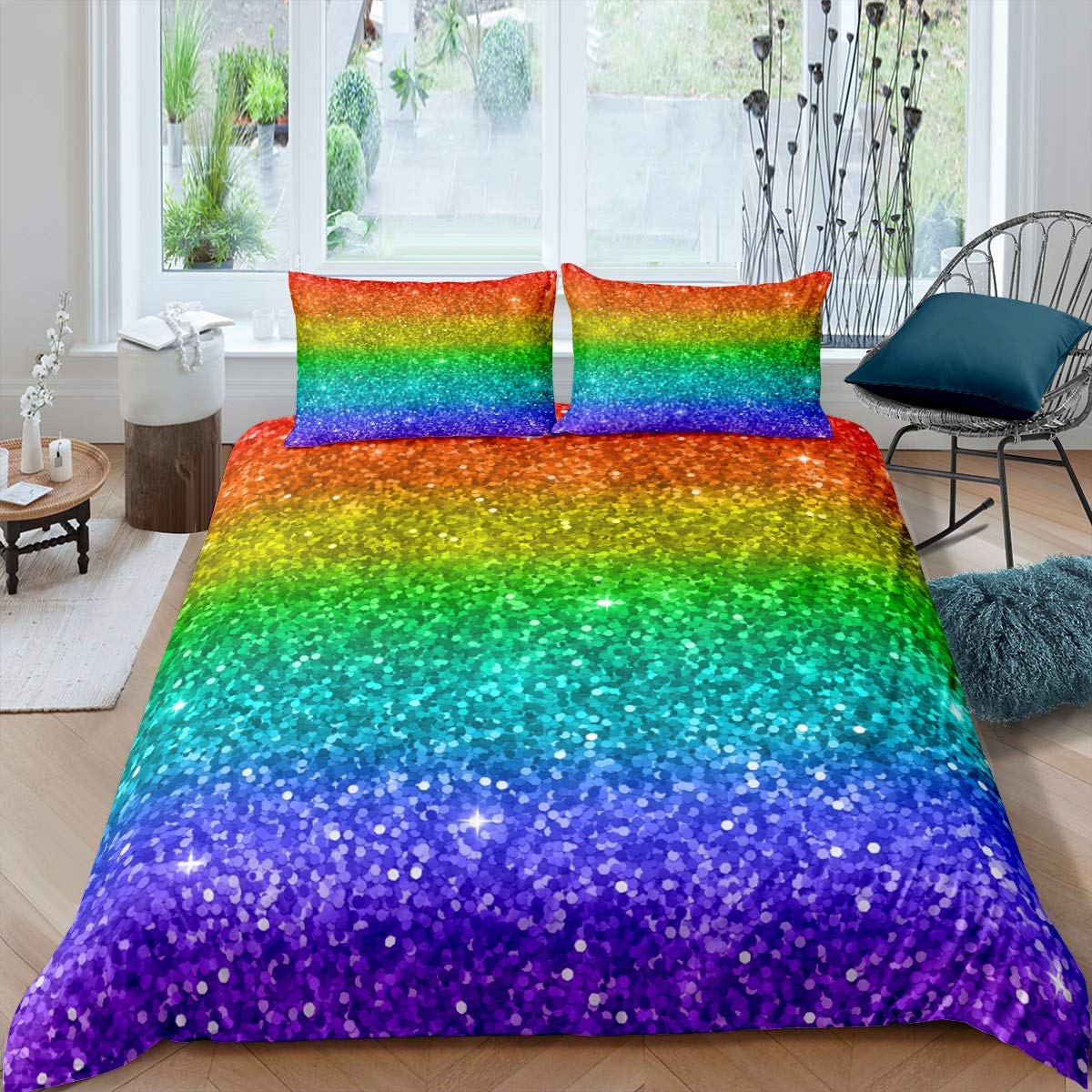 Shiny Rainbow Duvet Cover Set for Girls - Glitter Queen Size Bedding 3Pcs (Comforter Cover + Pillowcases) - Colorful Kids Room Decor, Modern Fashion Quilt Cover for Bedroom, Sleepover & Birthday Gifts