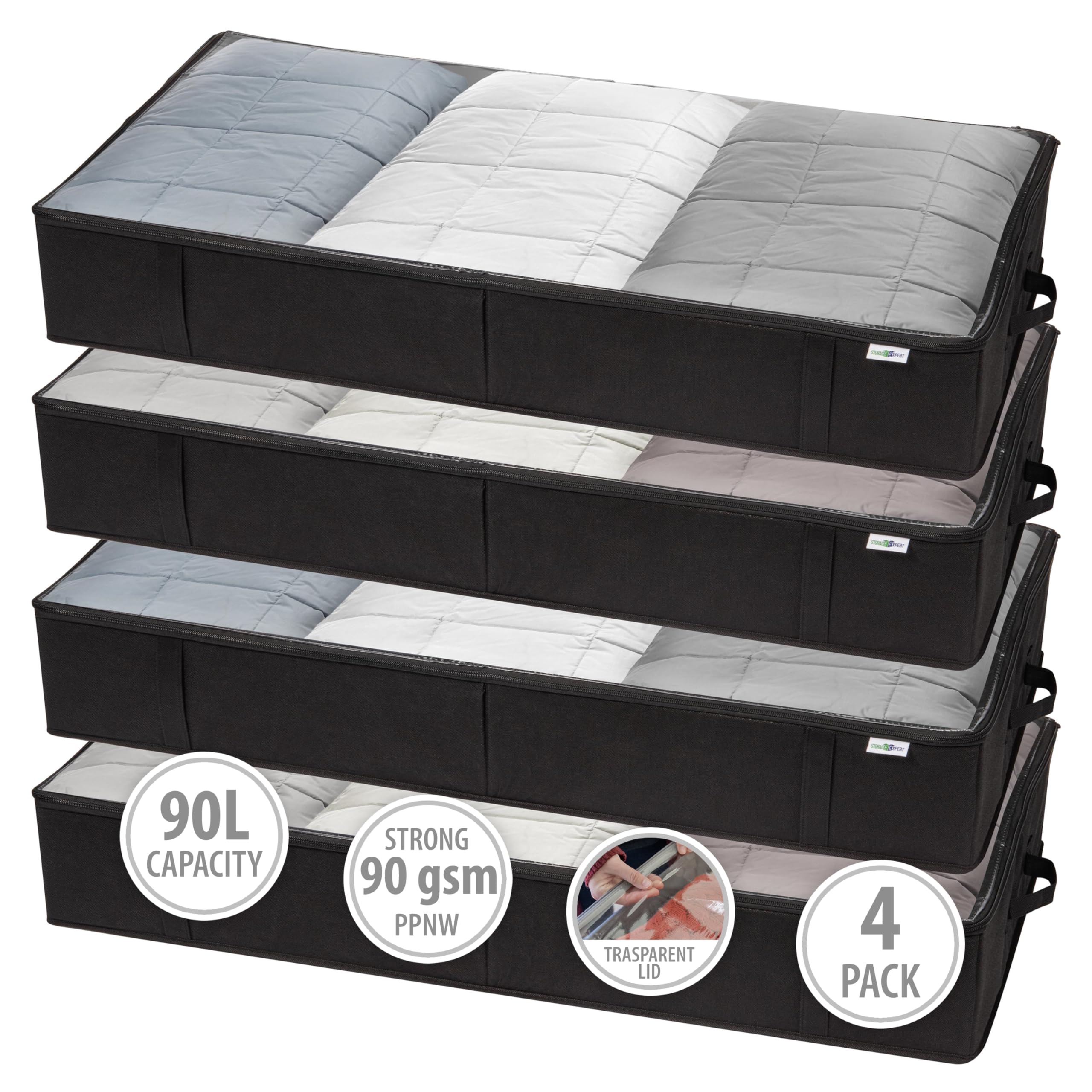 Space-Saving Under Bed Storage Containers & Closet Organizers - 4-Pack Black Fabric Storage Bins for Clothes, Toys & Seasonal Items - Perfect for Bedroom, Nursery & Small Space Organization