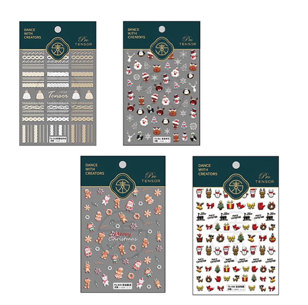 5D Christmas Nail Art Stickers - Winter Snowman & Elk Pattern Nail Decals for Holiday Nails (4 Sheets) | Perfect for Christmas Parties, Gift Giving & Festive Nail Designs