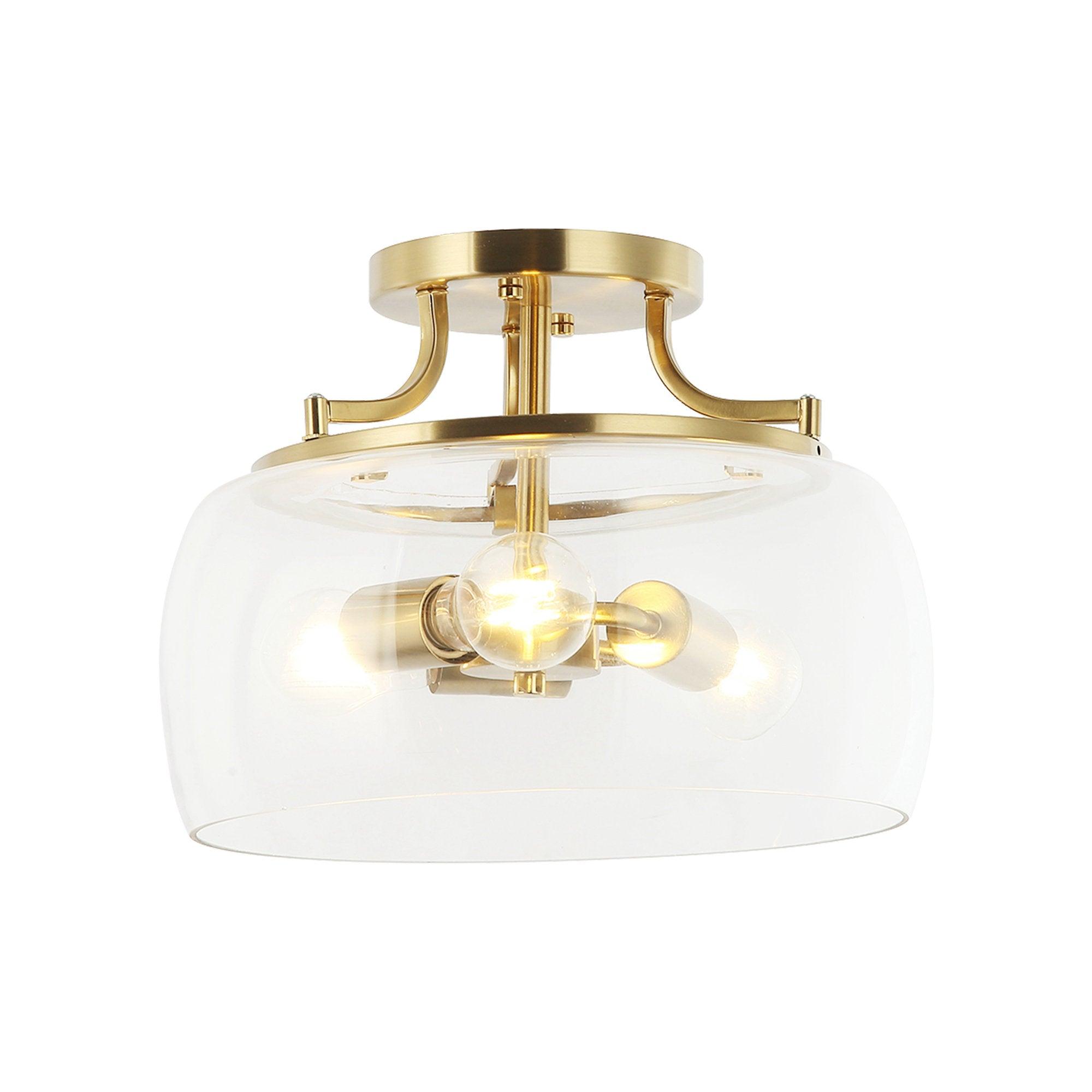 13 Inch 3 Light Brass Gold Semi Flush Mount Ceiling Light Fixture with Clear Glass Shade - Elegant Lighting for Dining Room, Bedroom, or Entryway