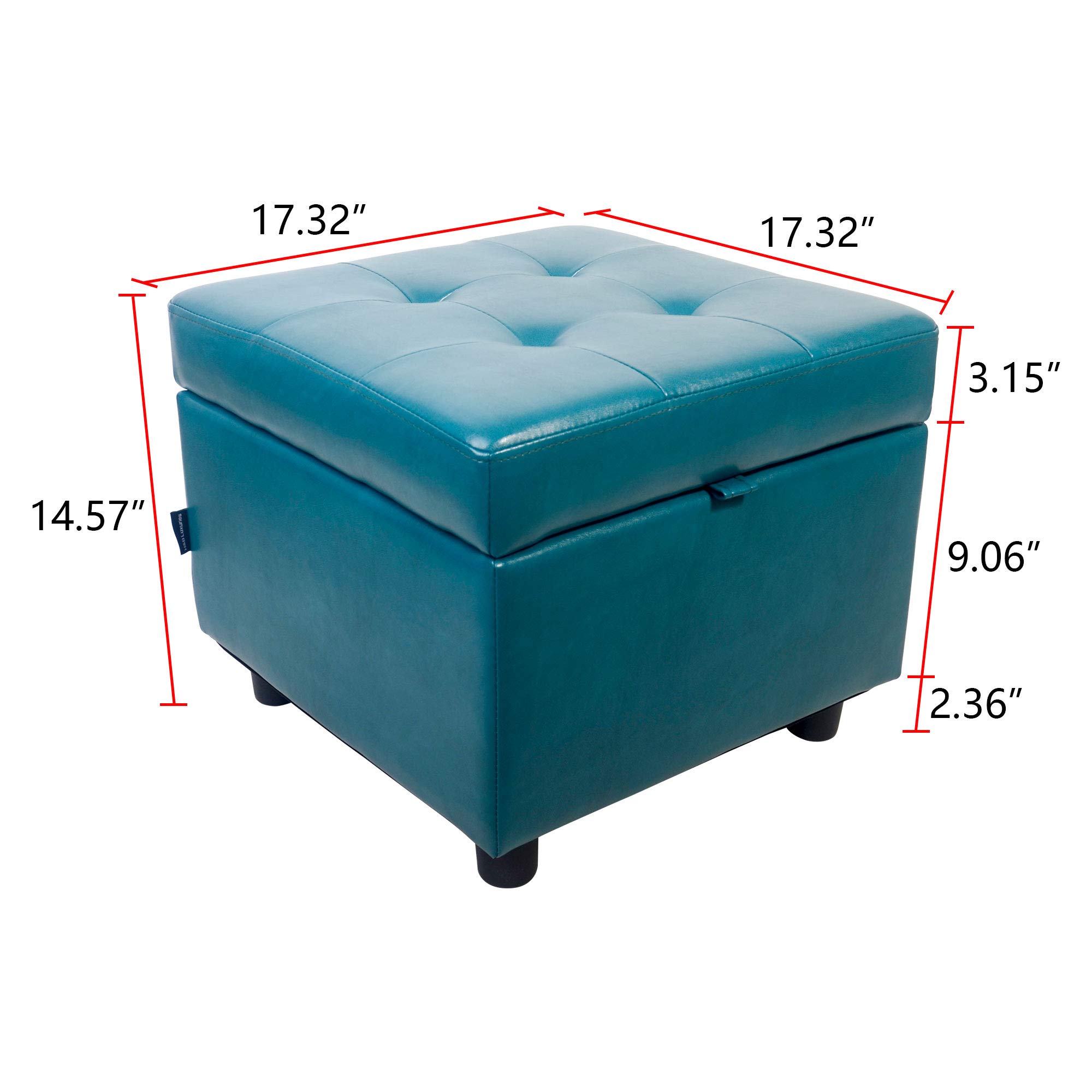 H&B Luxuries Tufted Leather Square Flip Top Storage Ottoman Cube Foot Rest - Blue with Hidden Storage | Perfect for Living Room, Bedroom & Home Office Organization