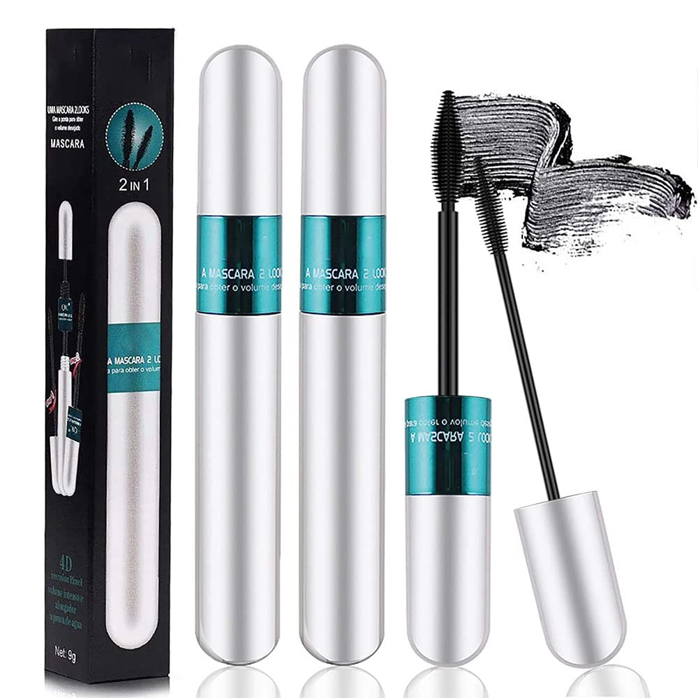 4D Silk Fiber Lash Mascara - Waterproof & Smudge Proof Mascara for Lengthening & Volumizing - 2 in 1 Thrive Mascara with Natural Extension Fibers (2 Pack) - Perfect for Daily Wear, Special Occasions & Photography