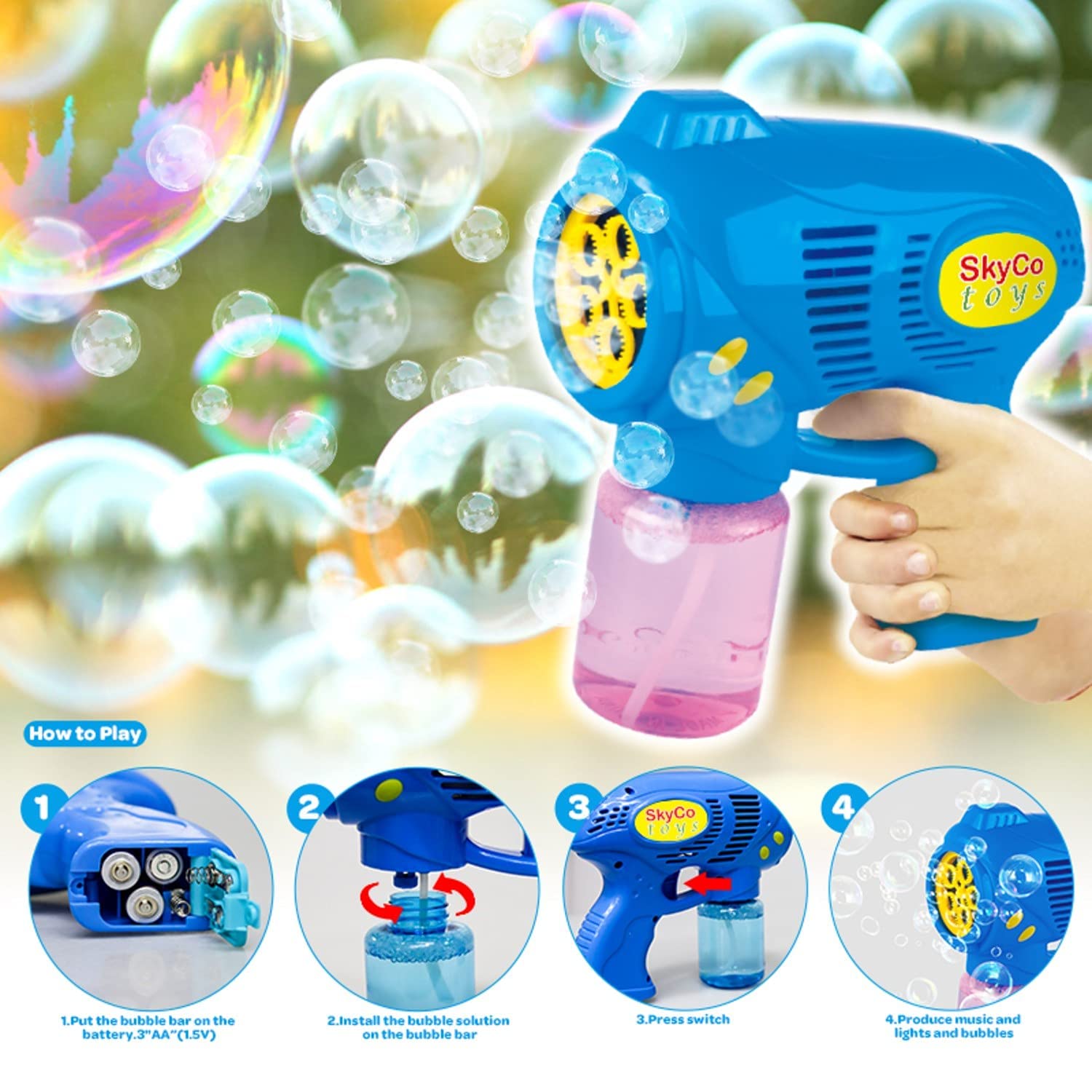 SkyCo Bubble Guns for Kids - 2pcs Pink & Blue Bubble Blasters for Outdoor Play & Parties