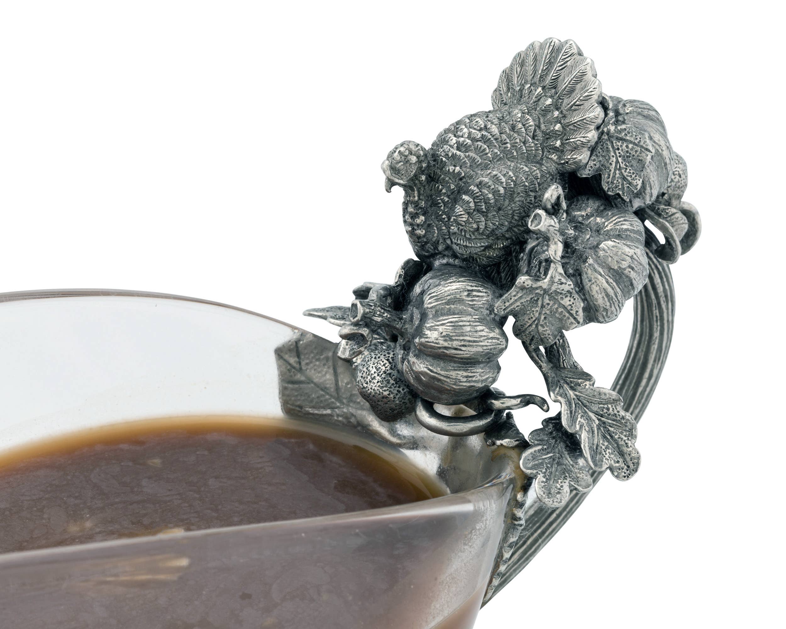 Hand Blown Glass Gravy Boat with Pewter Harvest Turkey Design - Elegant Thanksgiving Dinner Serving Dish for Holiday Meals & Family Gatherings